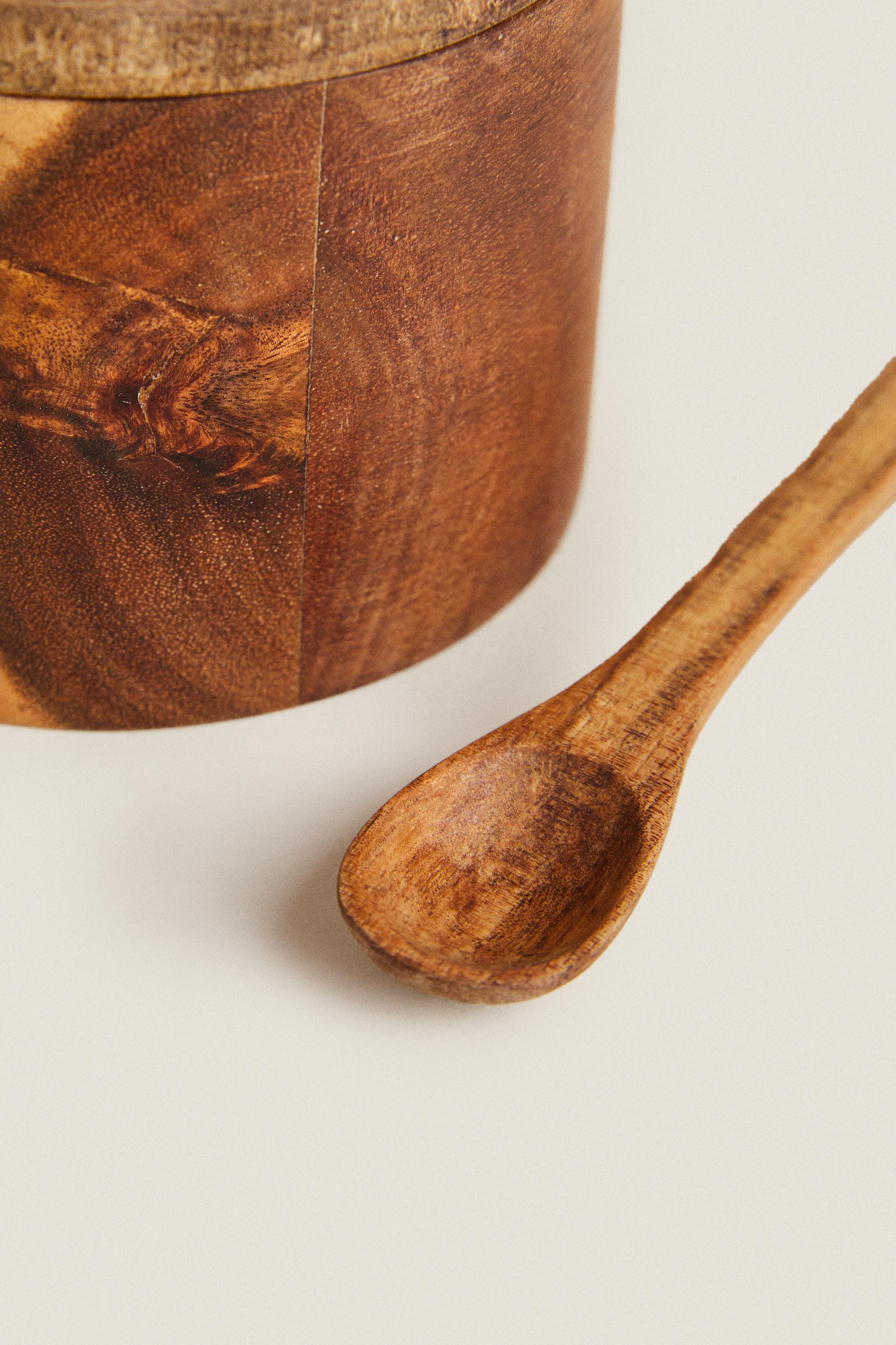 WOODEN SUGAR BOWL WITH SPOON