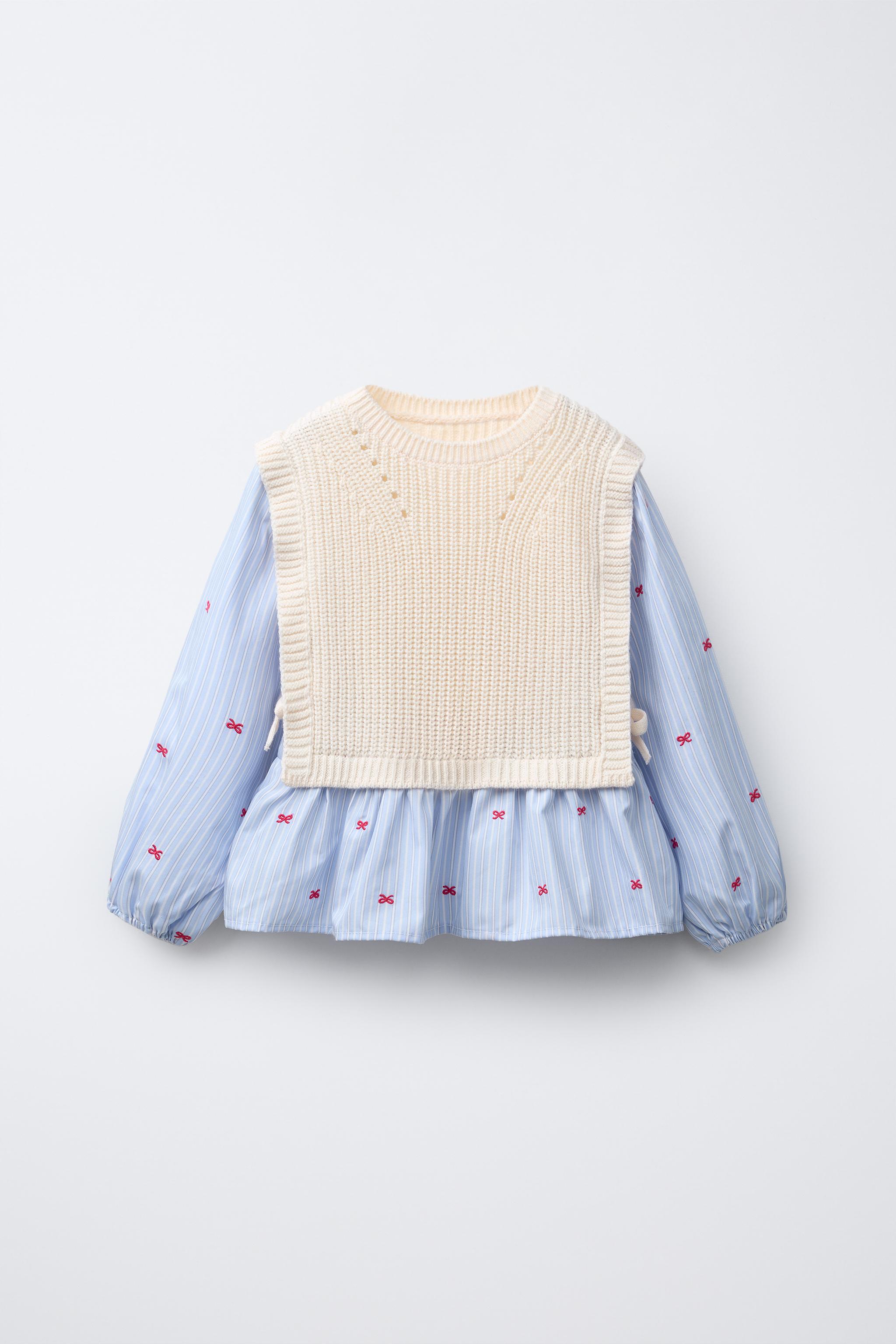 BOW EMBROIDERY SHIRT WITH KNIT VEST