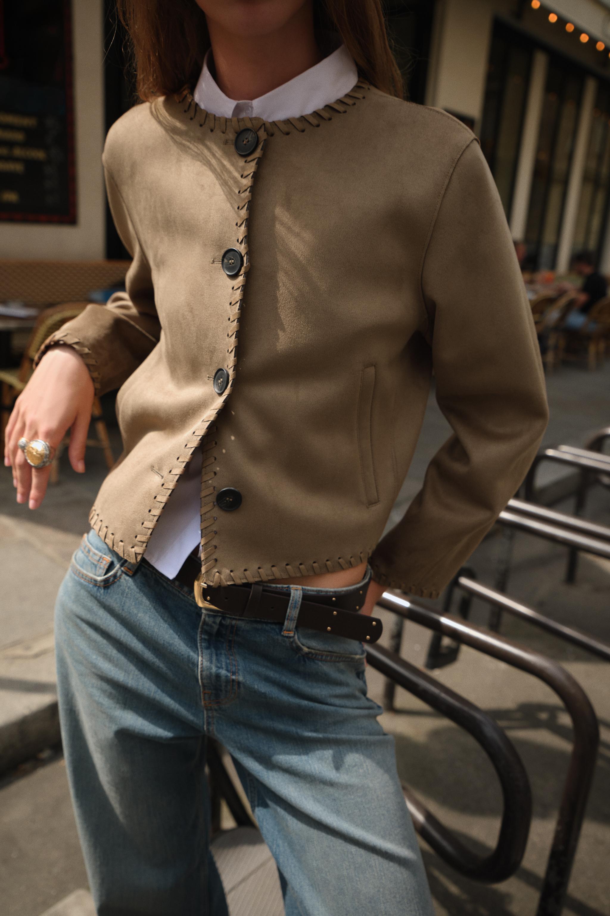 FAUX SUEDE JACKET WITH BRAIDED TRIM