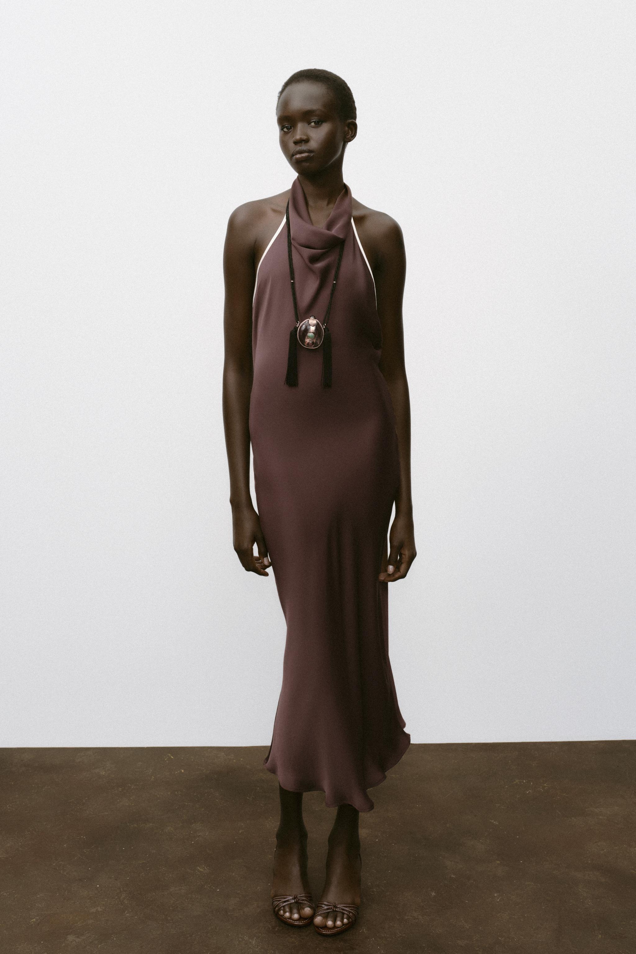 CONTRAST PIPED SATIN MIDI DRESS