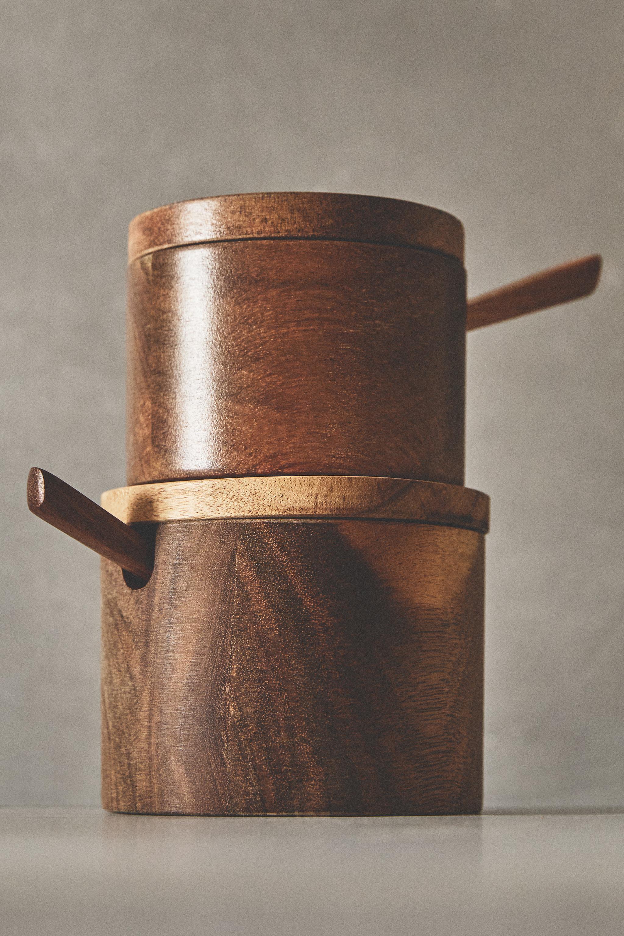 WOODEN SUGAR BOWL WITH SPOON
