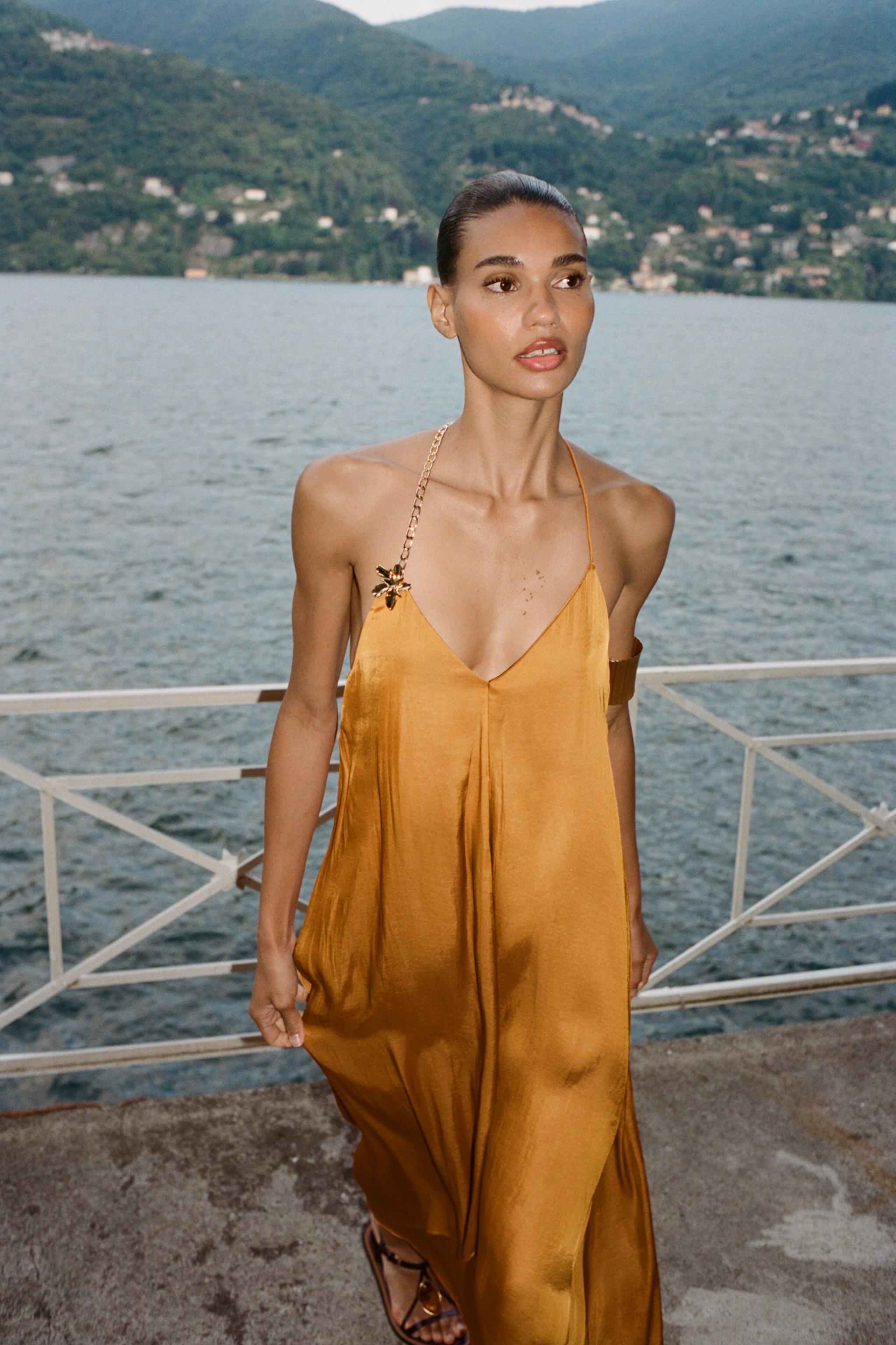 SATIN EFFECT MIDI DRESS WITH TRIM