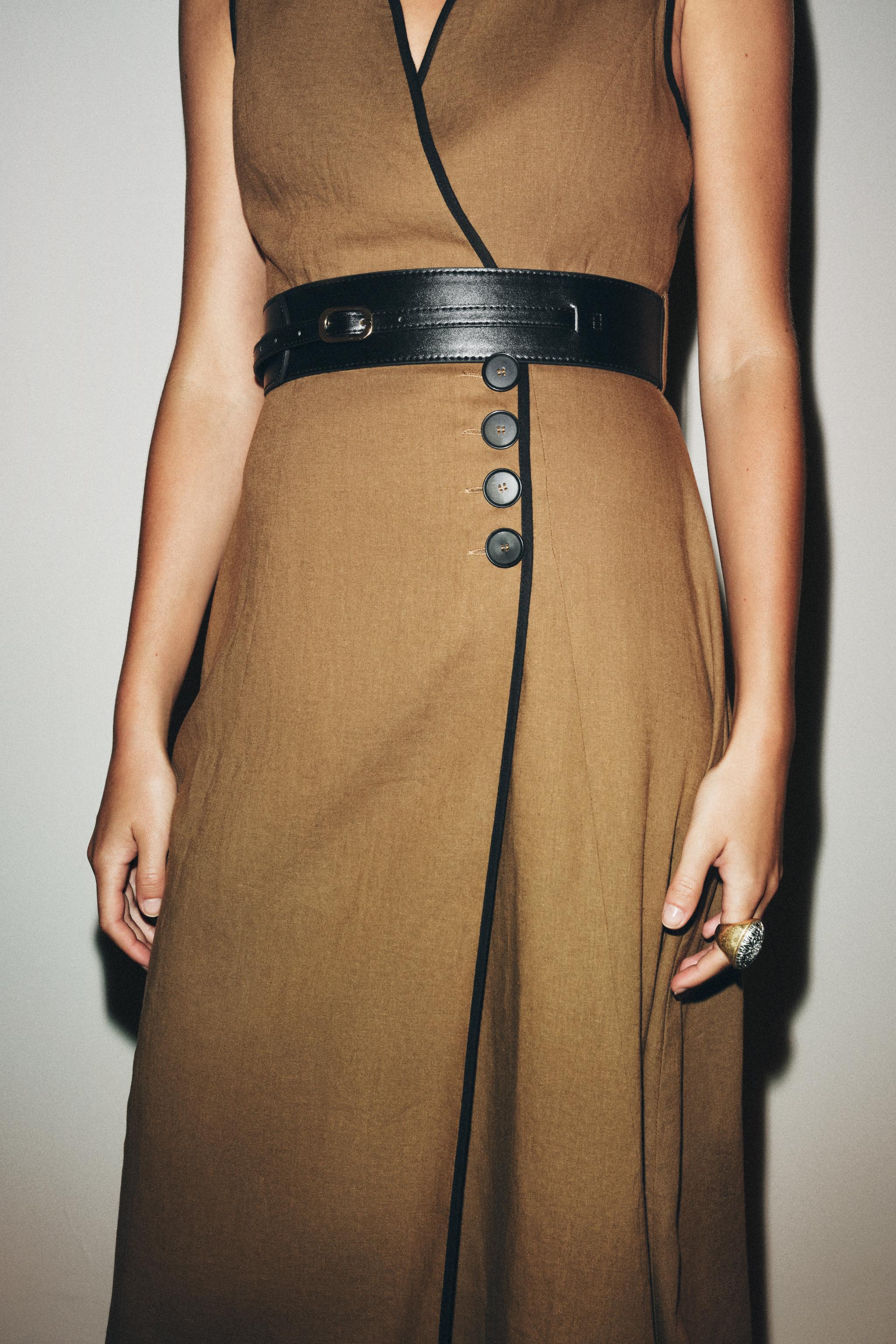 LINEN BELTED MIDI DRESS