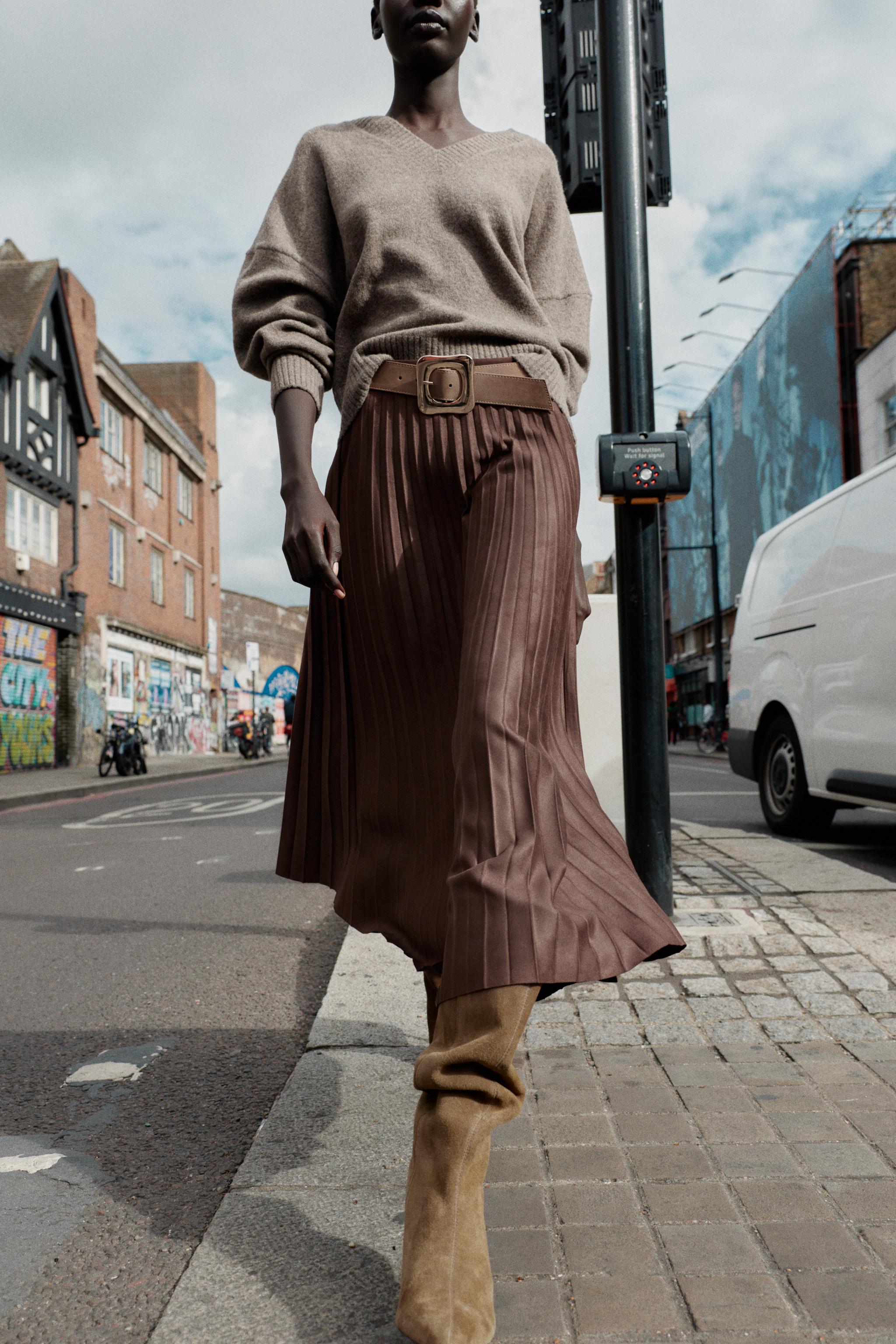 BELTED FAUX SUEDE EFFECT PLEATED MIDI SKIRT