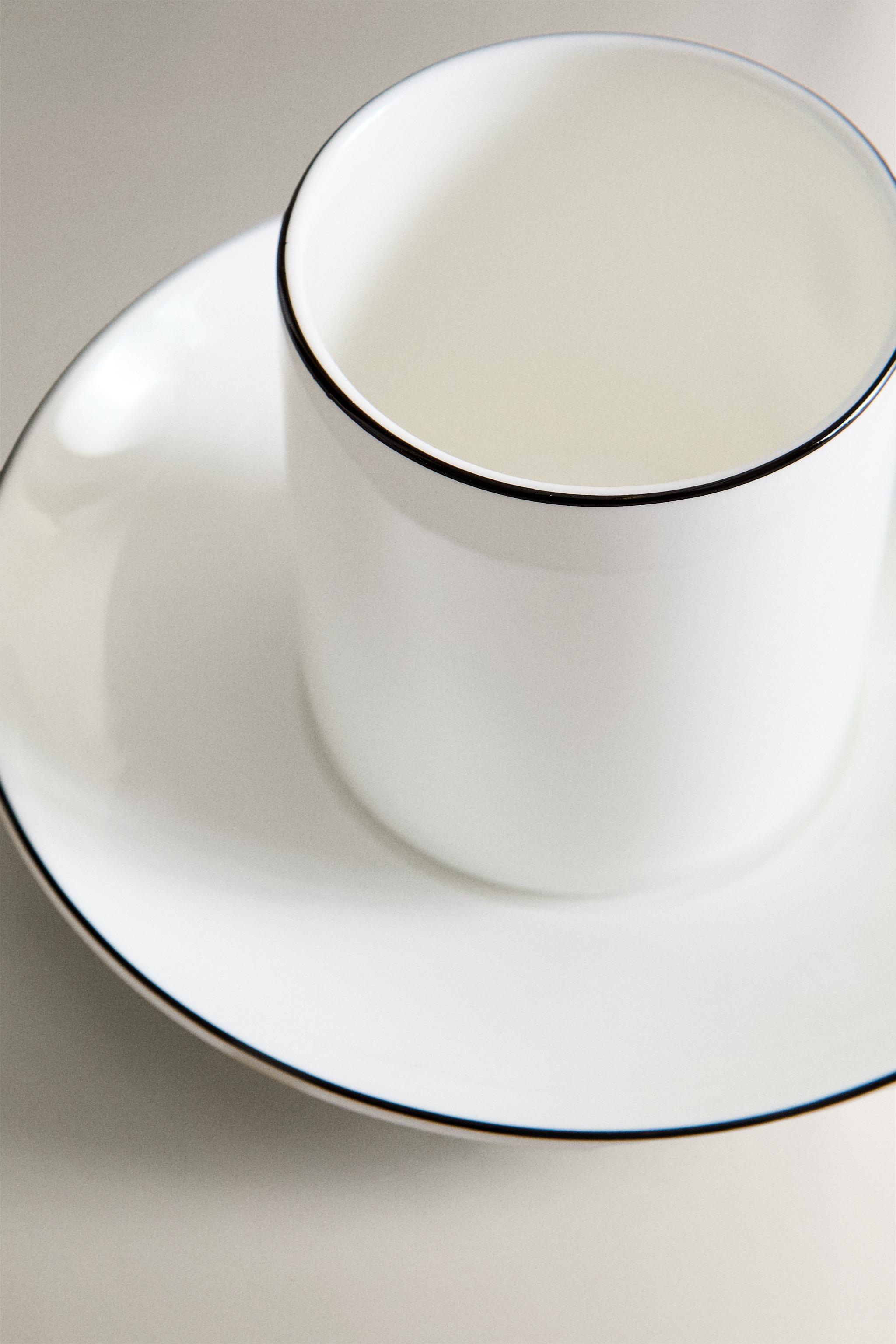 BONE CHINA COFFEE CUP AND SAUCER WITH BLACK RIM