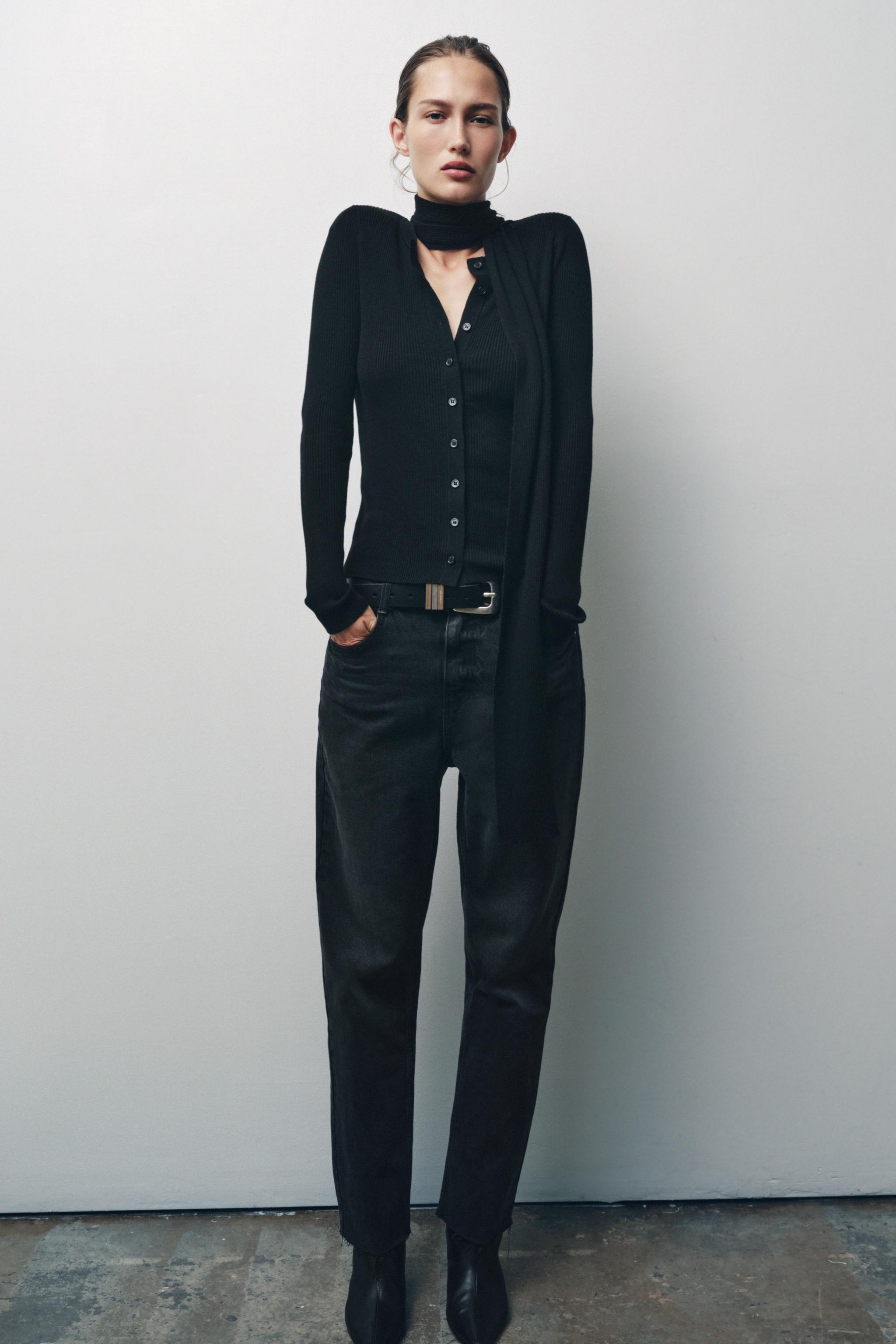 RIBBED KNIT CARDIGAN WITH SCARF