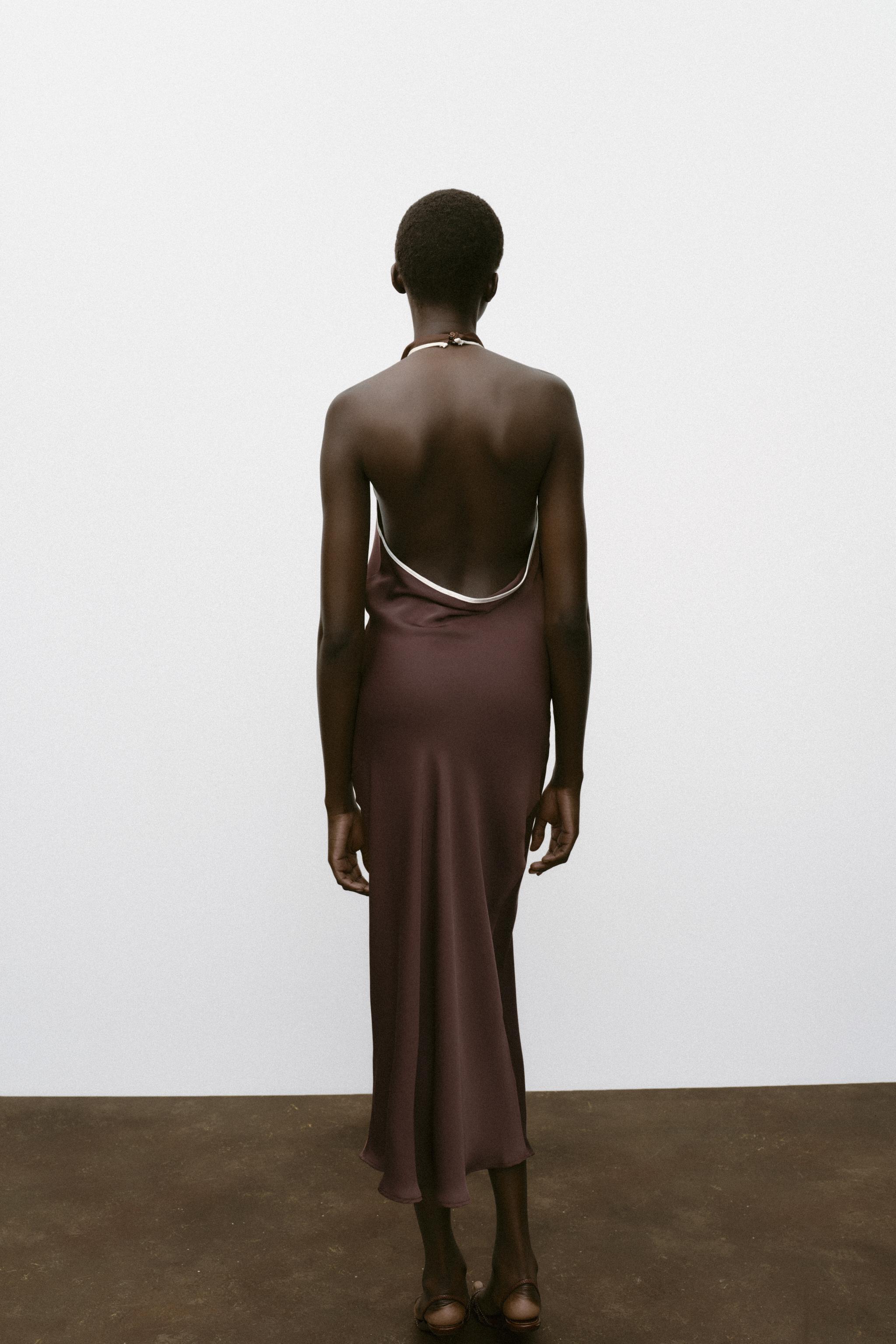 CONTRAST PIPED SATIN MIDI DRESS