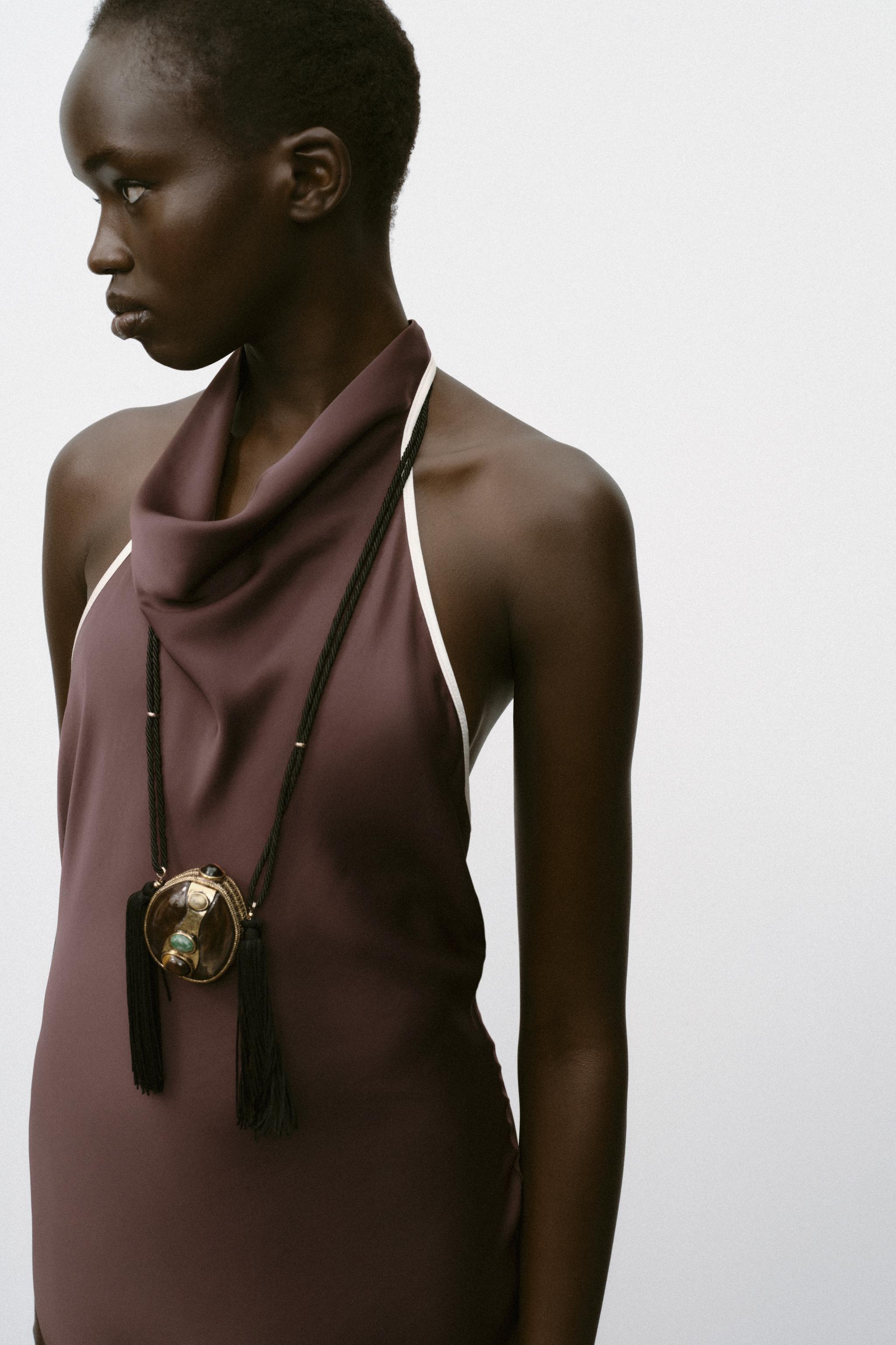 CONTRAST PIPED SATIN MIDI DRESS