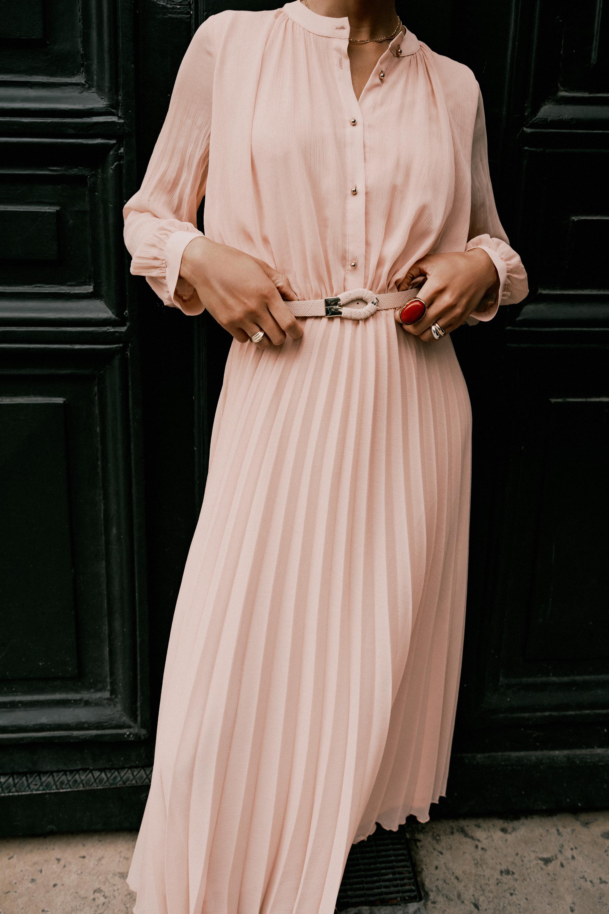 BELTED PLEATED MIDI DRESS