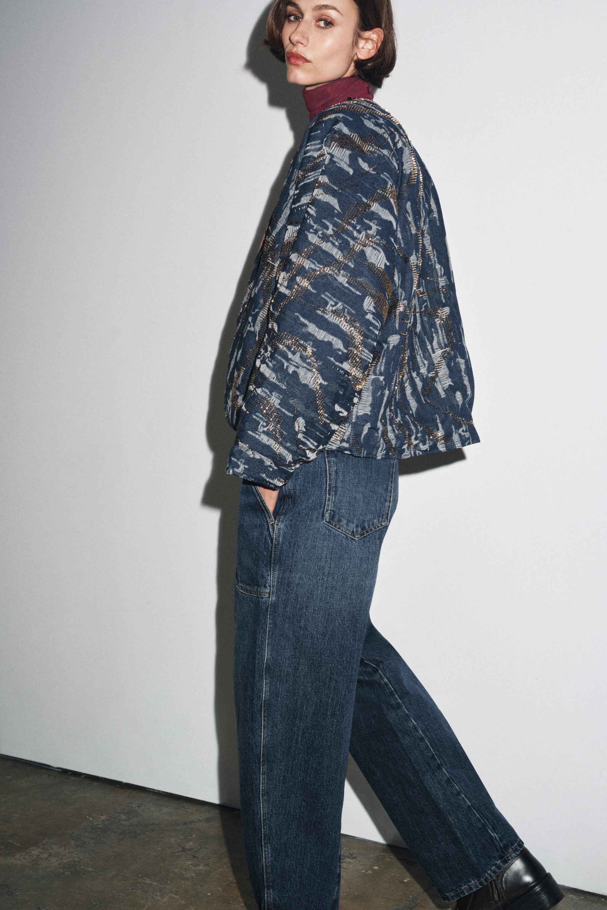 BEADED DENIM EFFECT PADDED KIMONO