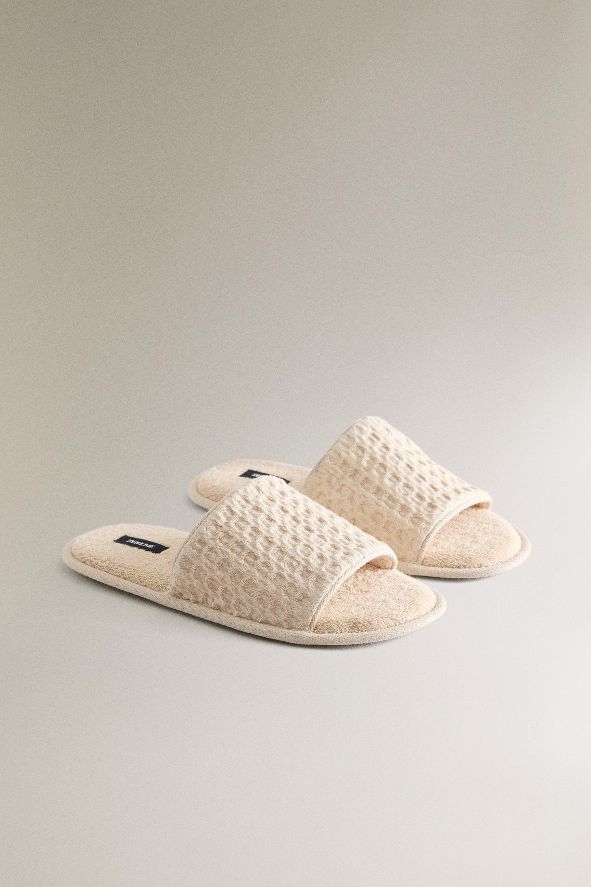 WAFFLE-KNIT TERRYCLOTH SLIDER SLIPPERS