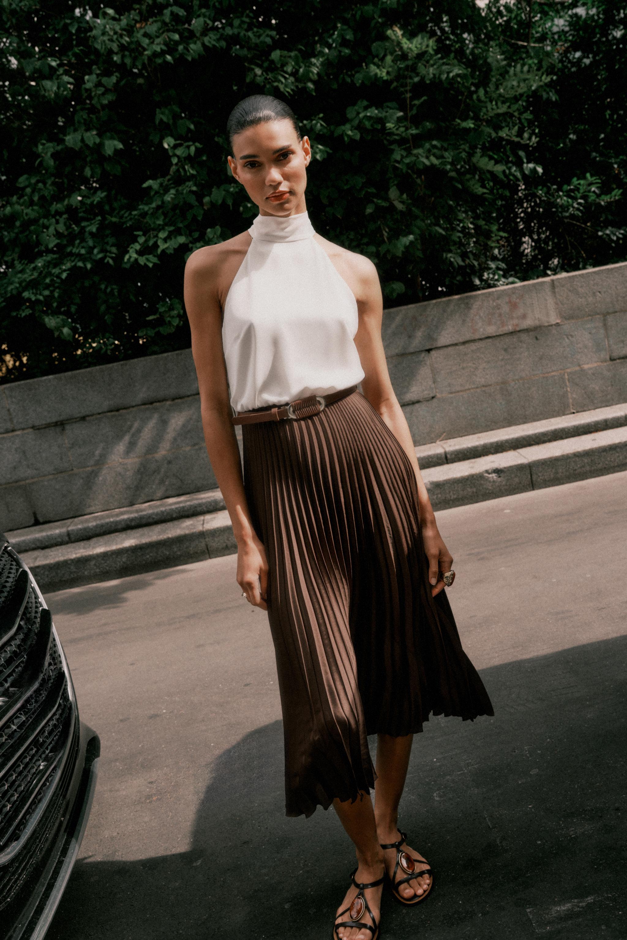 PLEATED COMBINATION MIDI DRESS