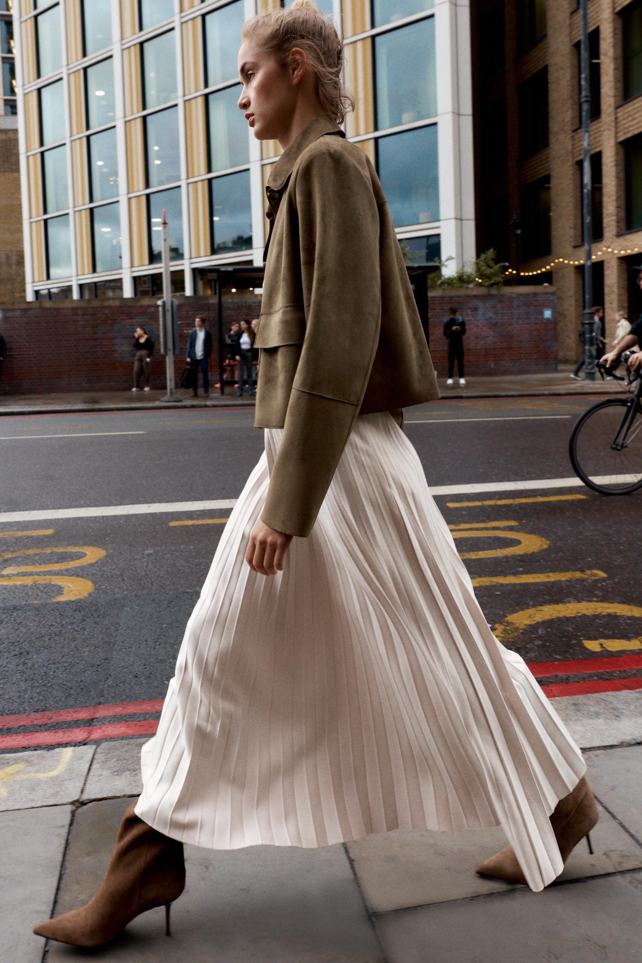 BELTED FAUX SUEDE EFFECT PLEATED MIDI SKIRT