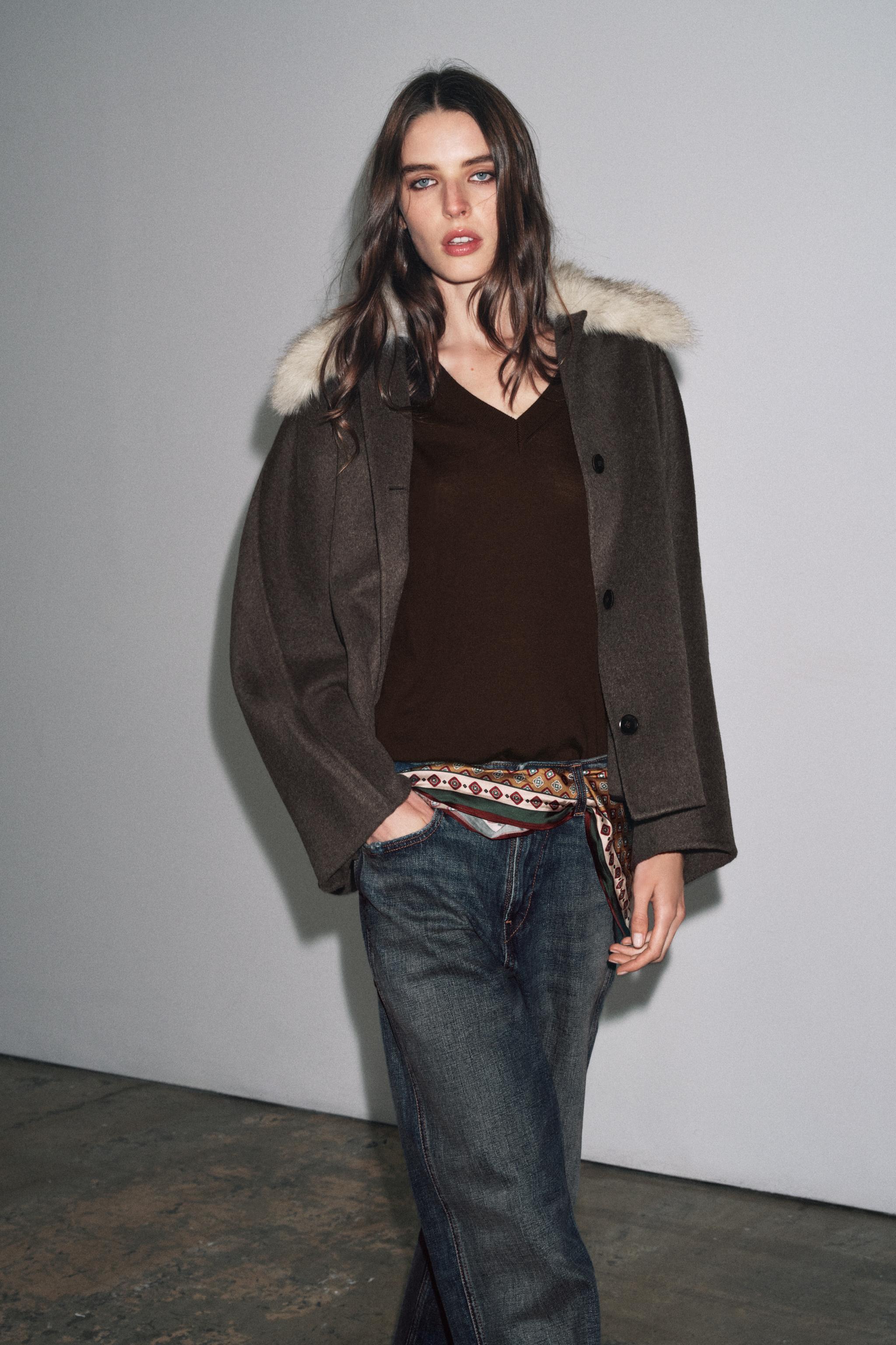 ZW COLLECTION WOOL BLEND FAUX FUR COLLAR JACKET