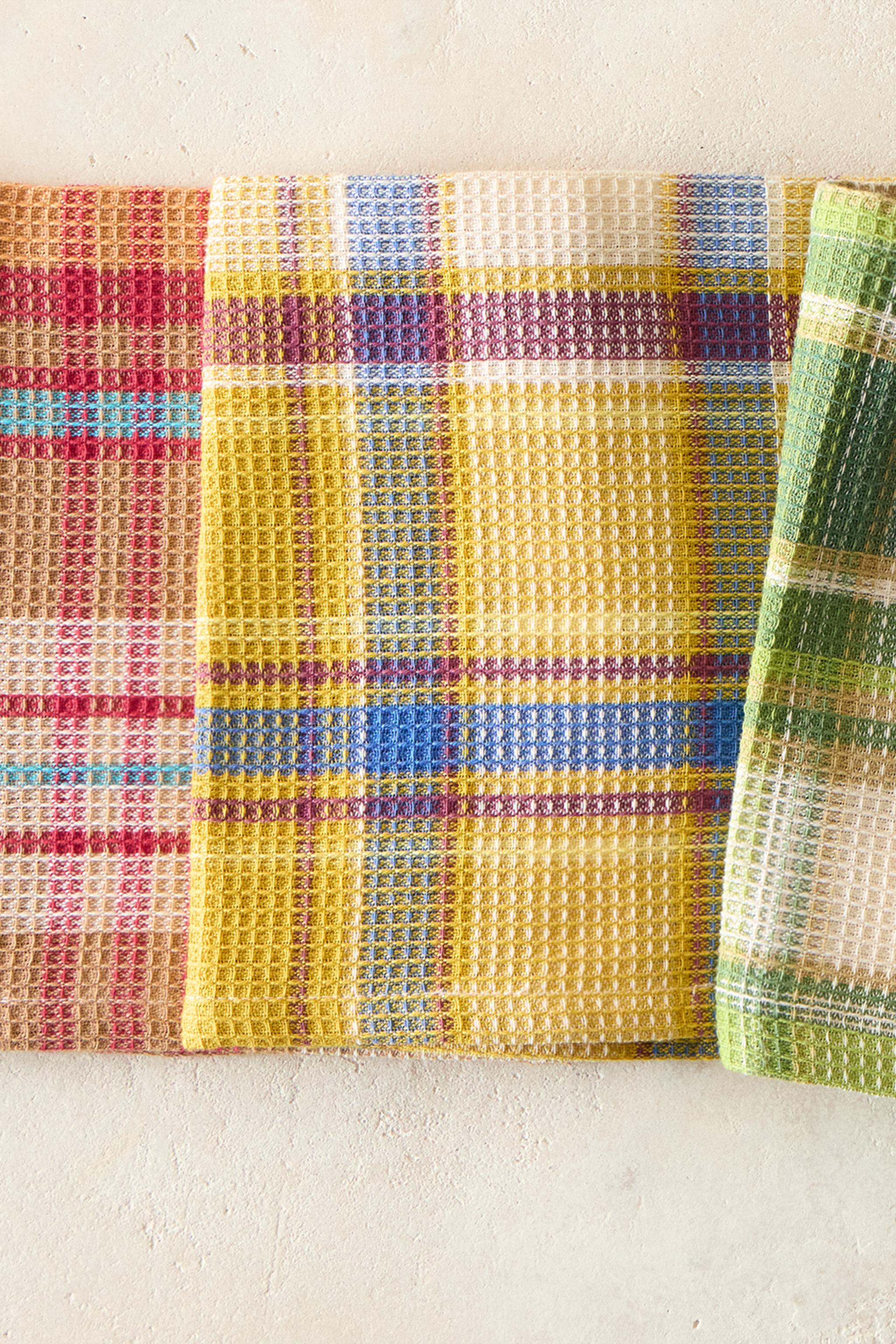 SET OF CHECK WAFFLE-KNIT KITCHEN TOWELS (SET OF 3)