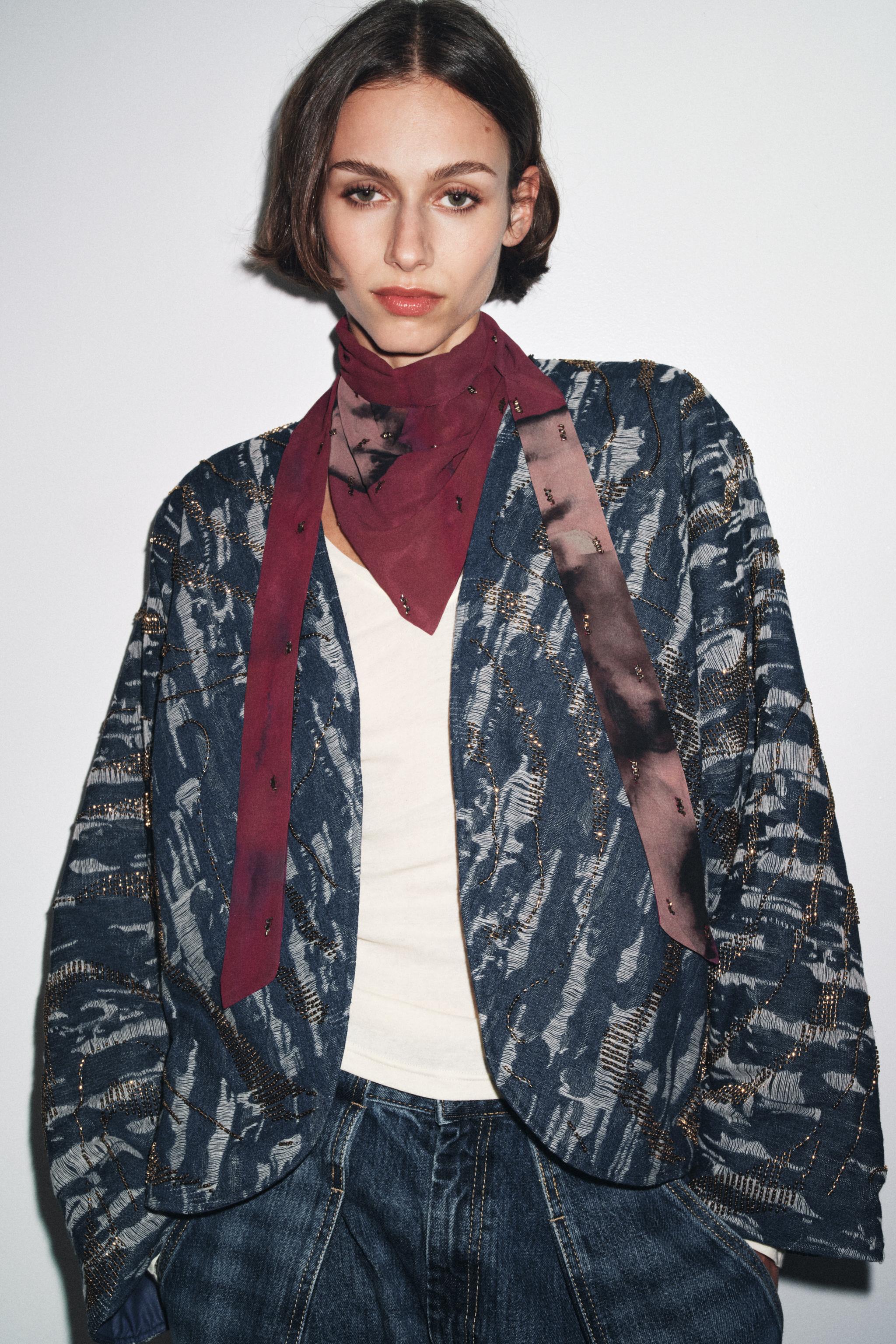 BEADED DENIM EFFECT PADDED KIMONO