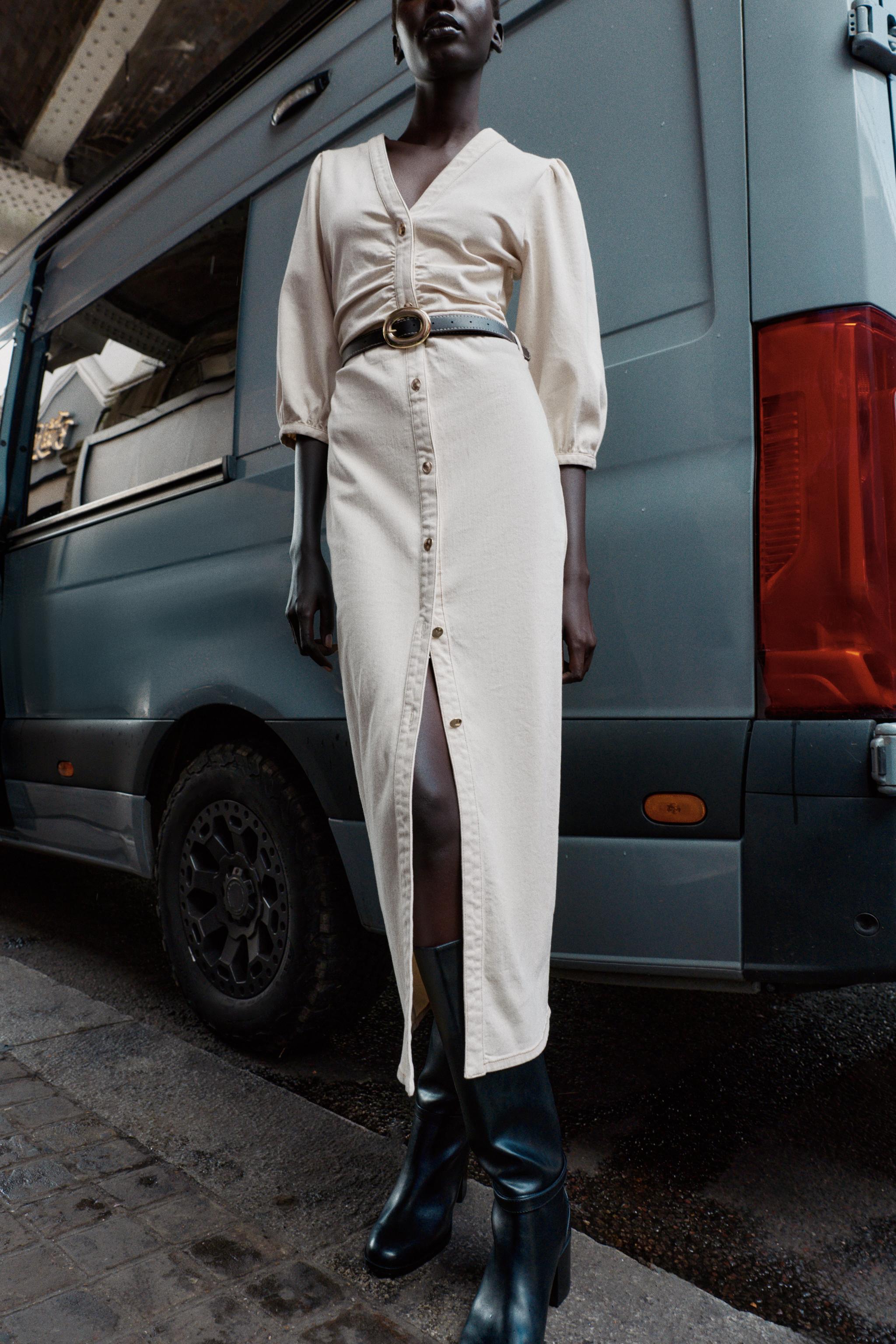 BELTED BALLOON SLEEVE MIDI DRESS