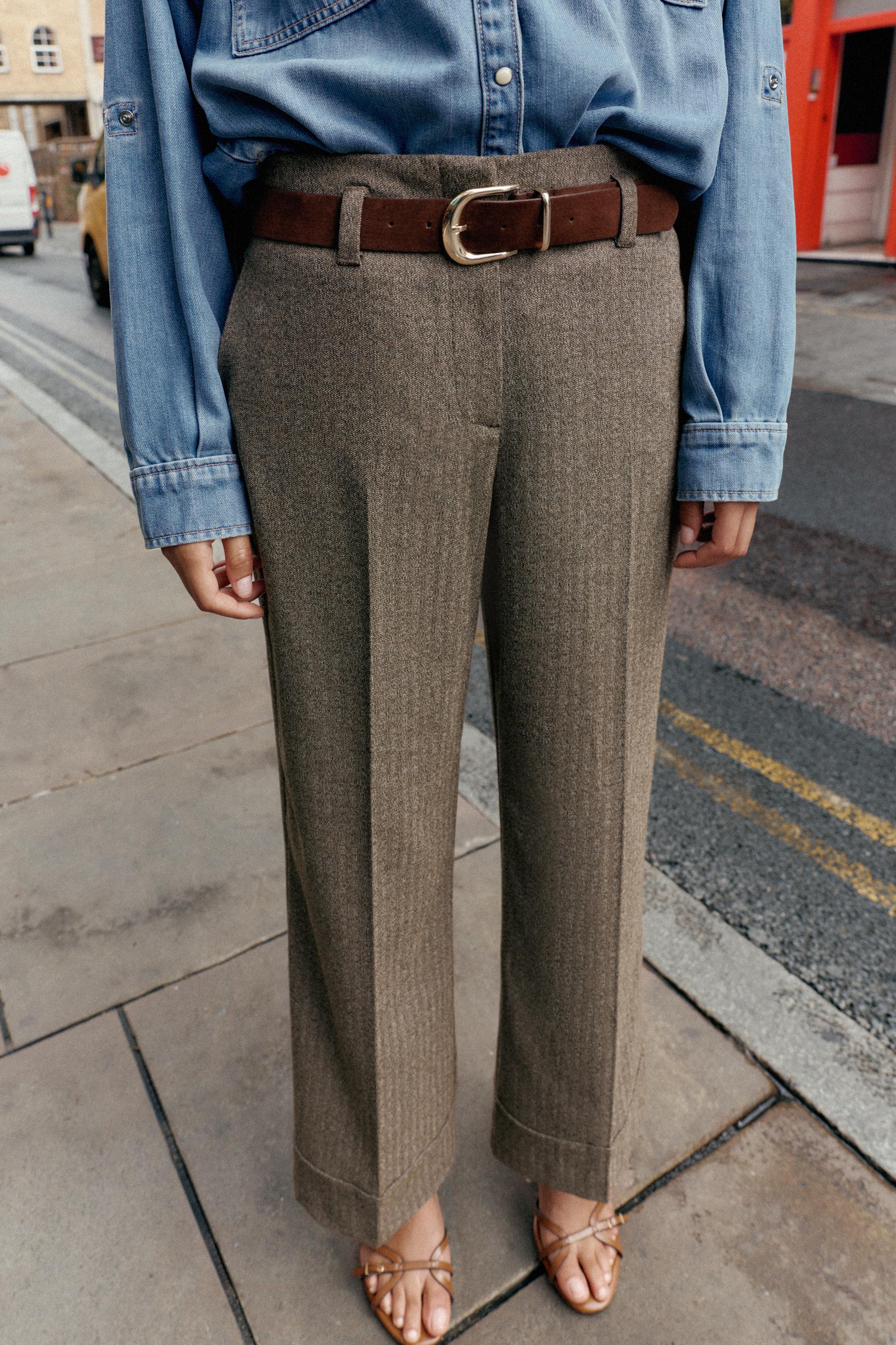 HERRINGBONE BELTED PANTS