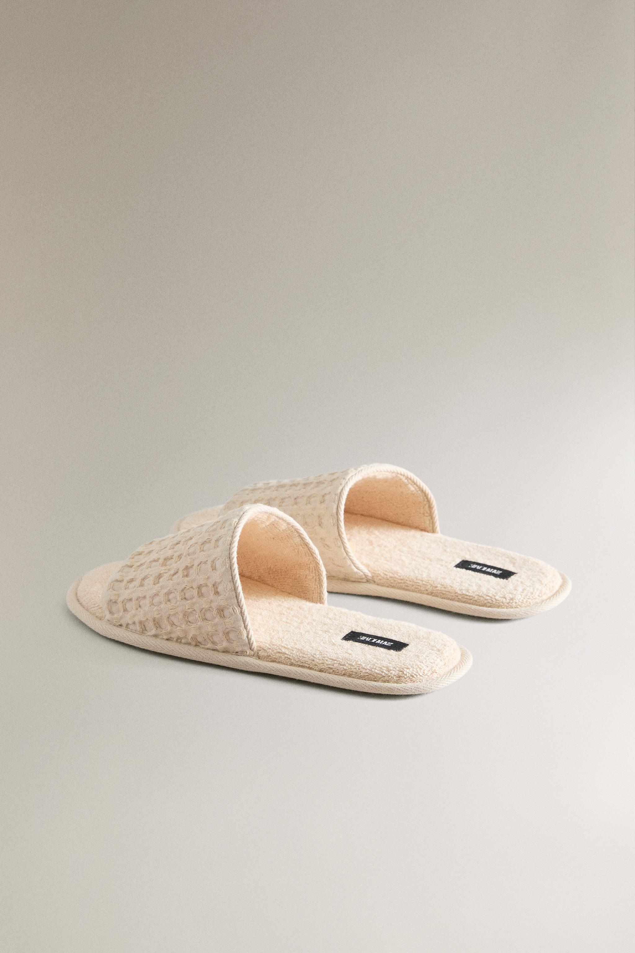 WAFFLE-KNIT TERRYCLOTH SLIDER SLIPPERS