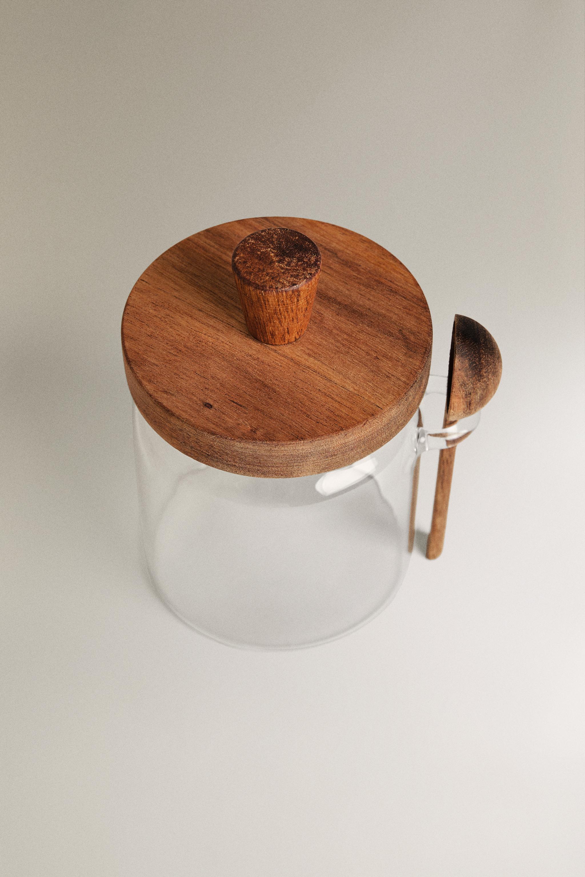 BOROSILICATE GLASS AND WOOD SUGAR BOWL