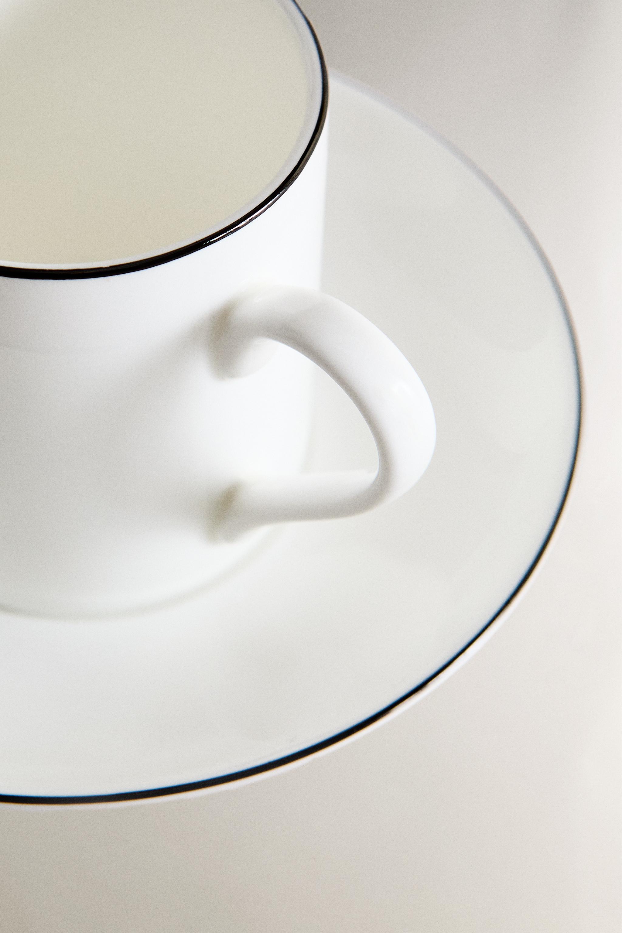 BONE CHINA COFFEE CUP AND SAUCER WITH BLACK RIM