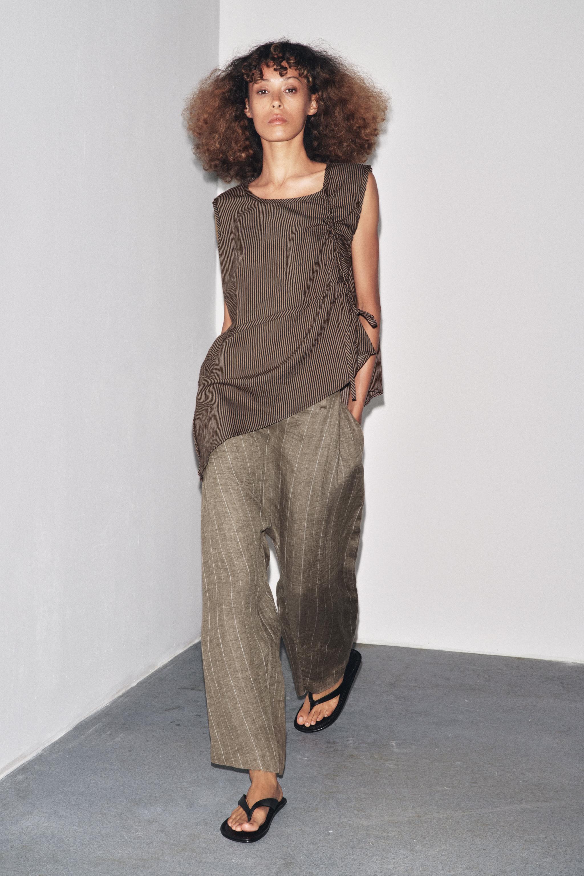 STRIPED LINEN BAGGY PANTS