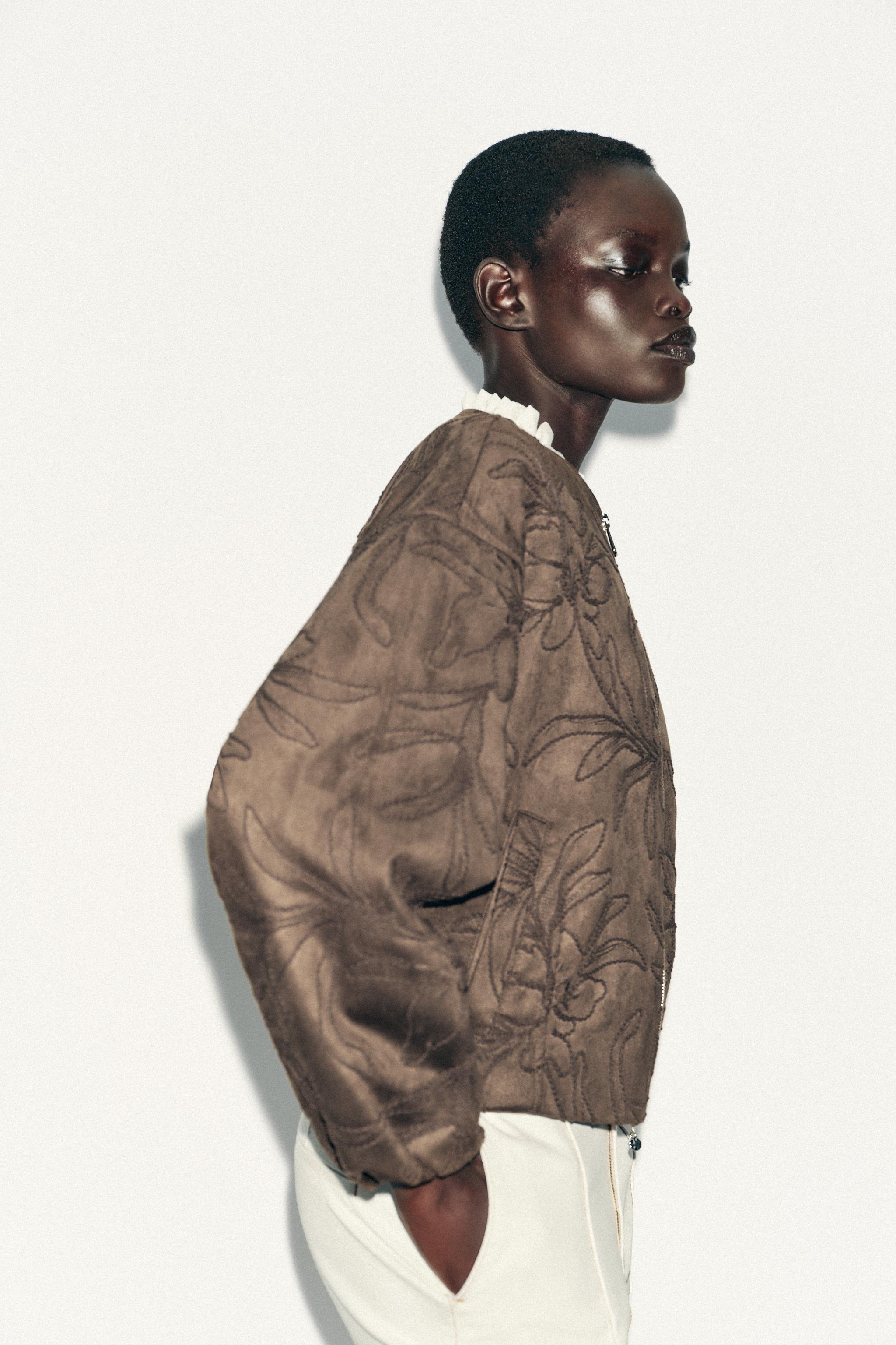 EMBROIDERED FAUX SUEDE BOMBER JACKET