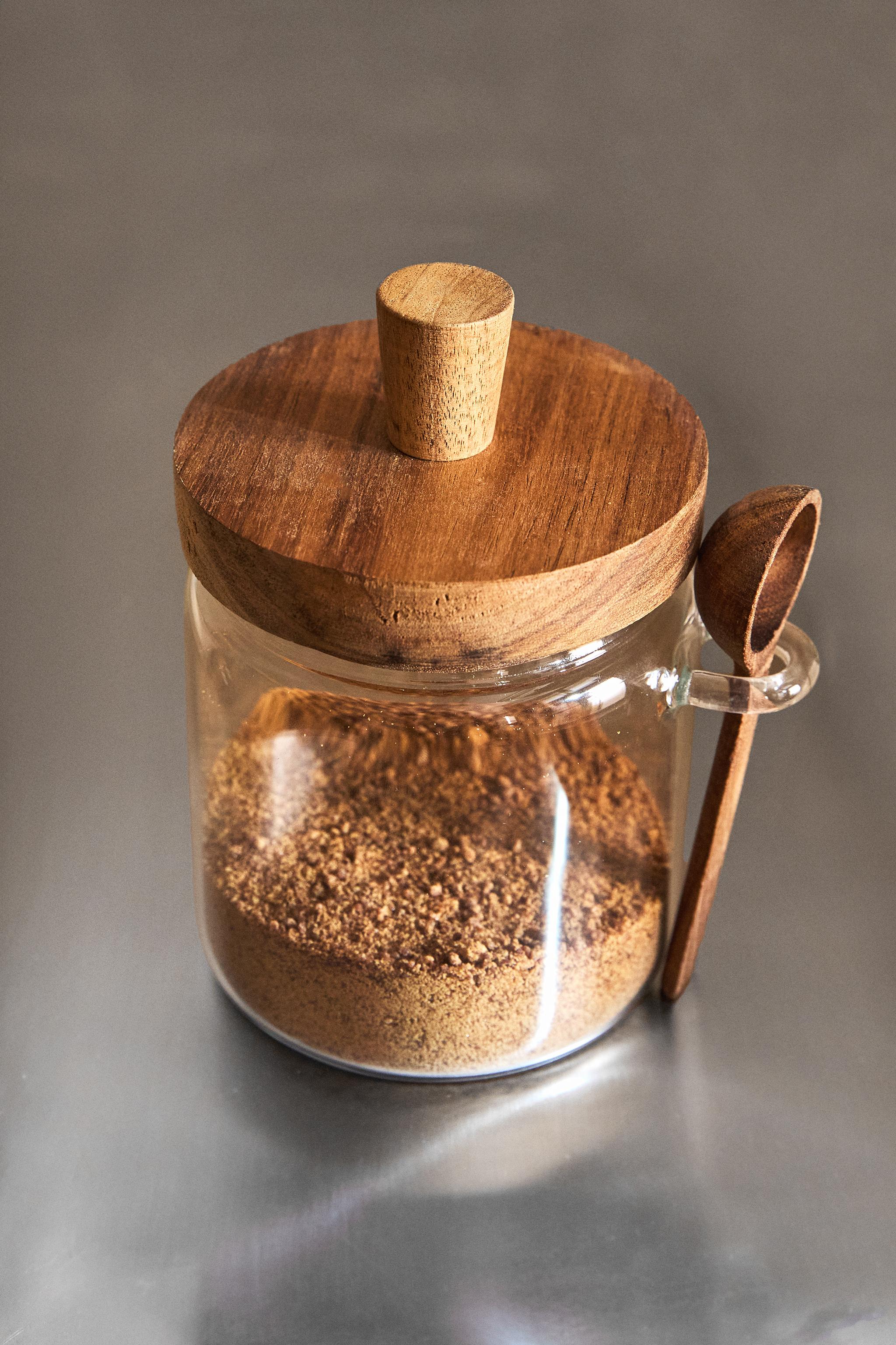 BOROSILICATE GLASS AND WOOD SUGAR BOWL