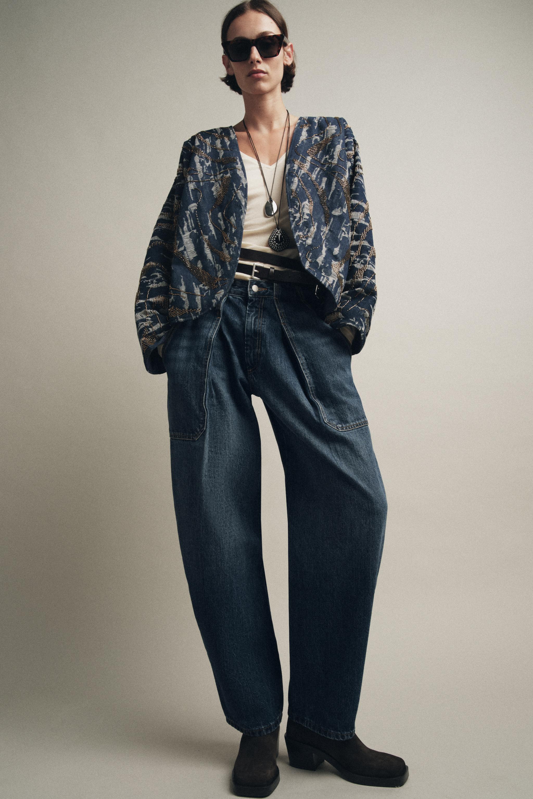 BEADED DENIM EFFECT PADDED KIMONO