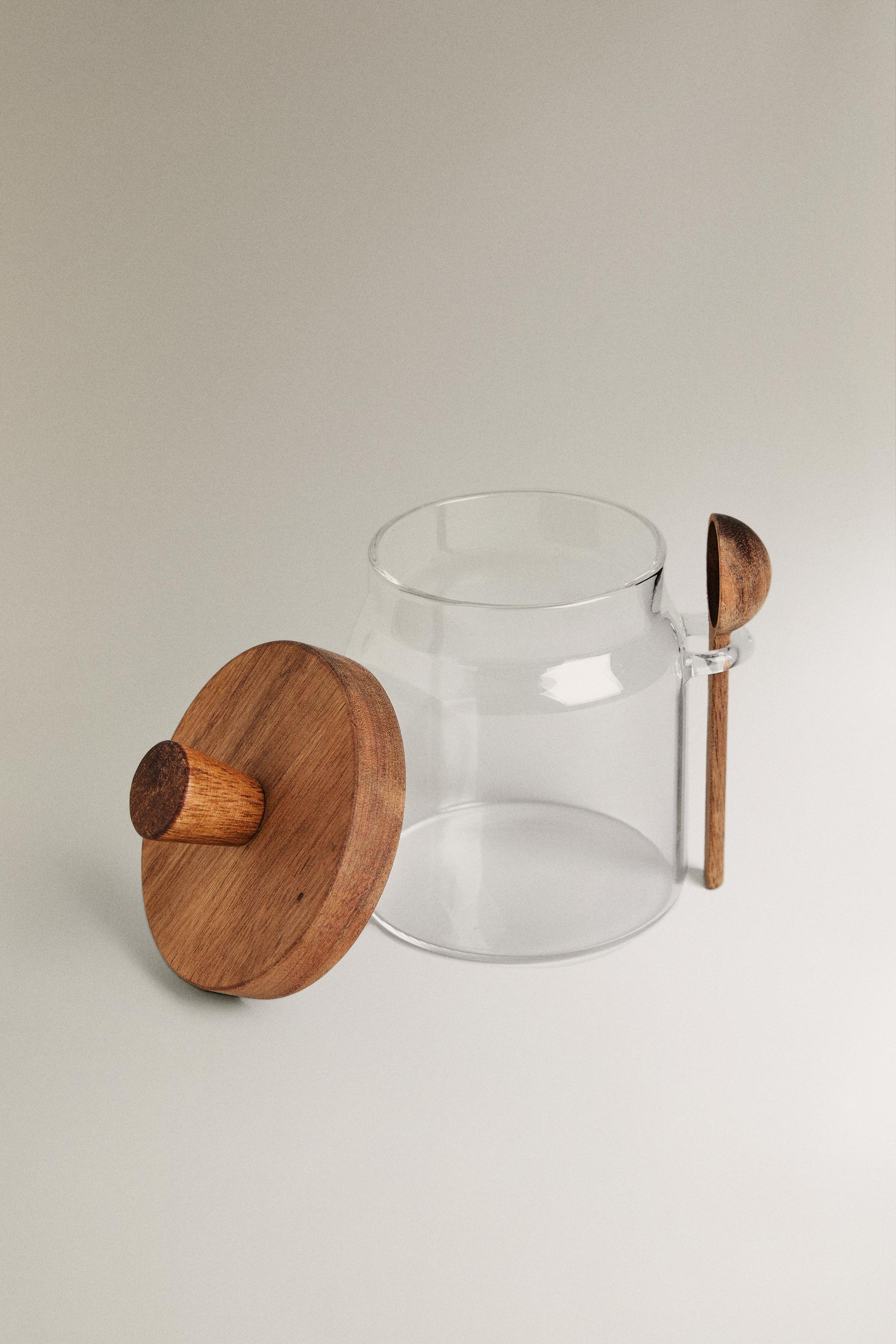 BOROSILICATE GLASS AND WOOD SUGAR BOWL