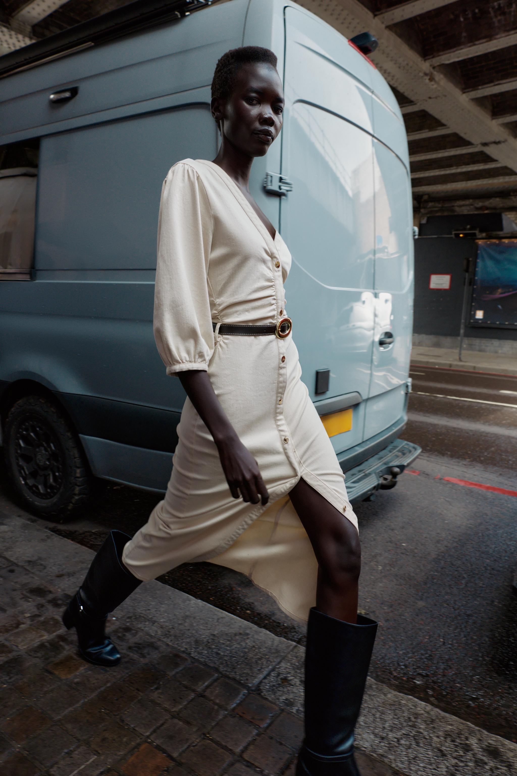 BELTED BALLOON SLEEVE MIDI DRESS