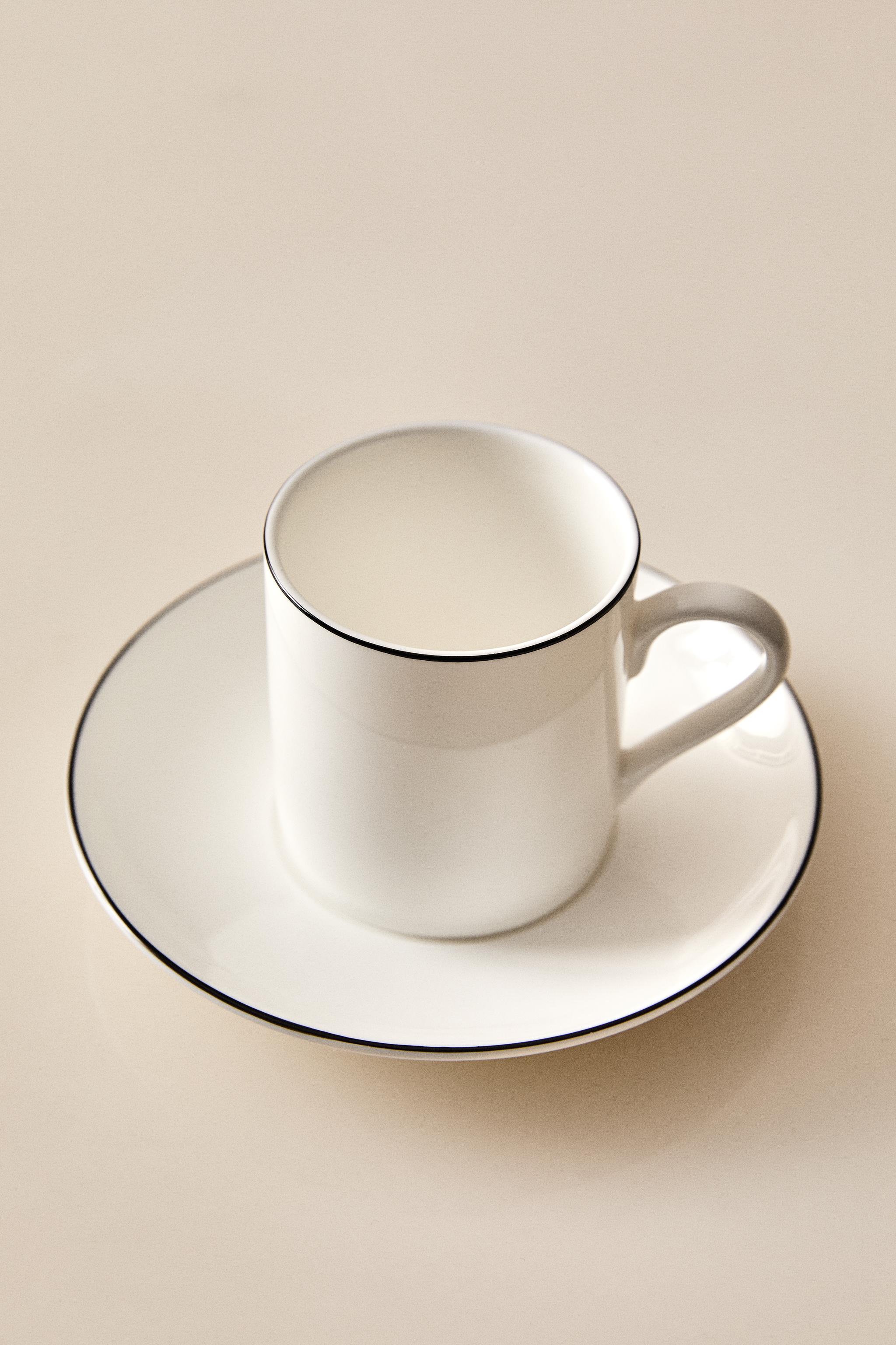BONE CHINA COFFEE CUP AND SAUCER WITH BLACK RIM