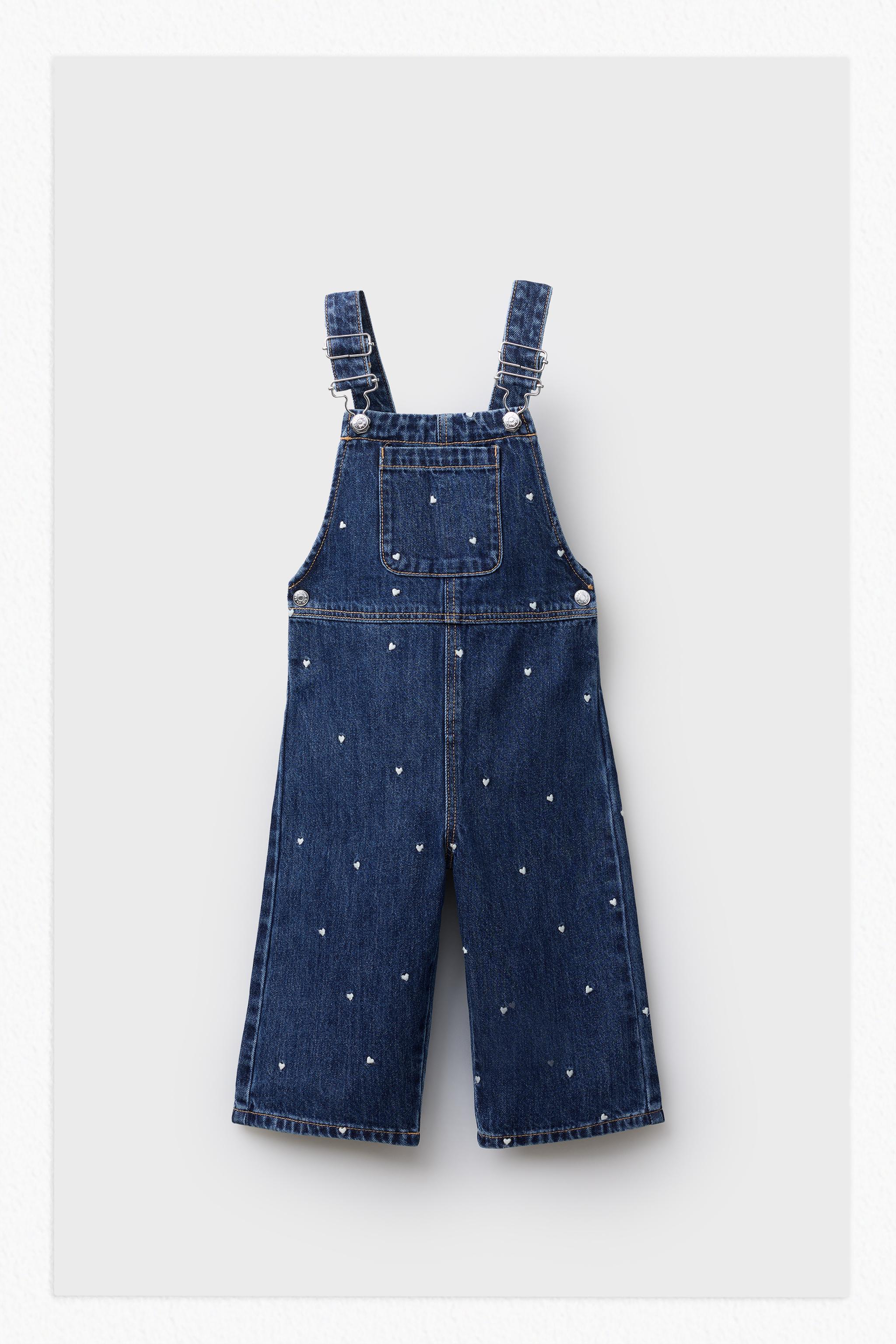 EMBROIDERED HEART DENIM OVERALLS