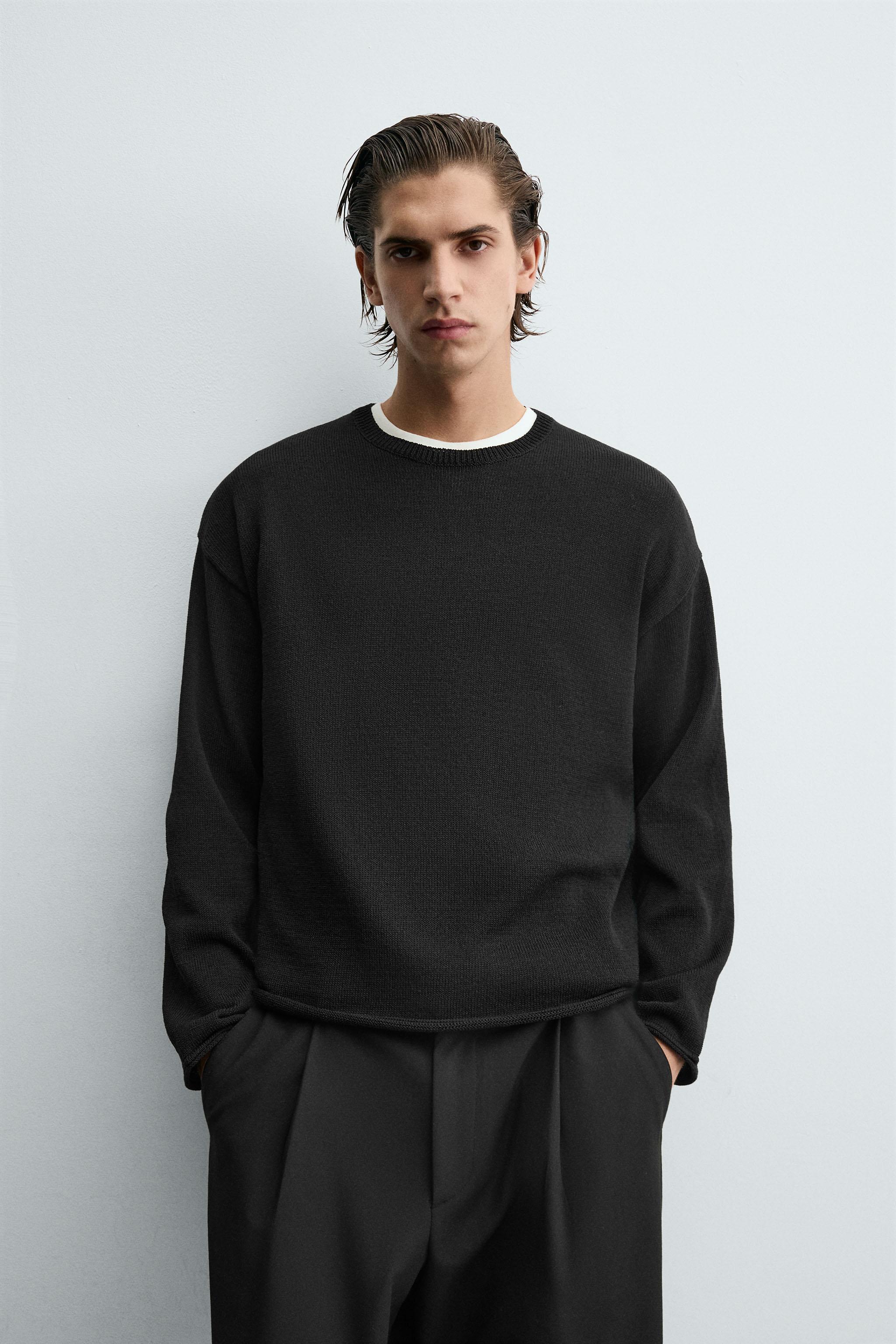 TEXTURED KNIT SWEATER WITH ROLLED TRIM