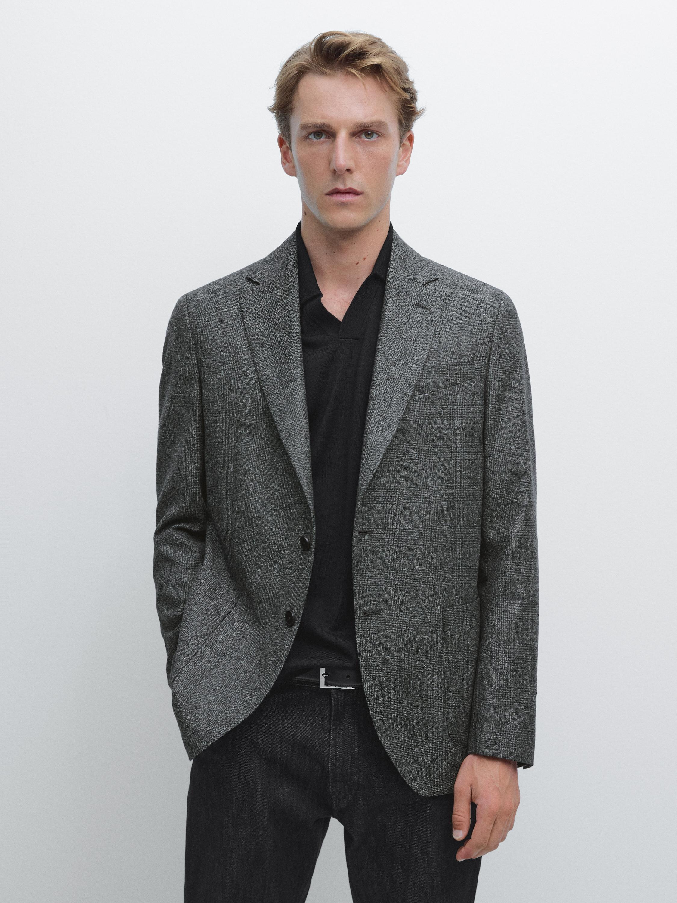 Textured check wool blend blazer