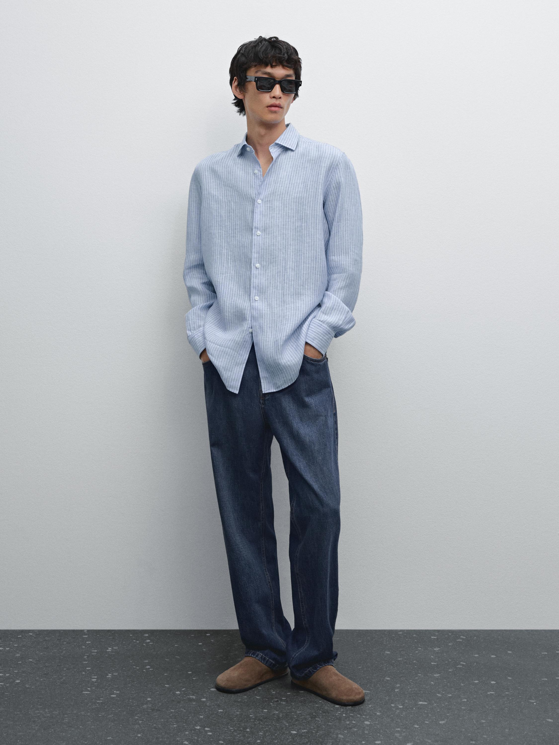 Regular fit striped 100% linen shirt