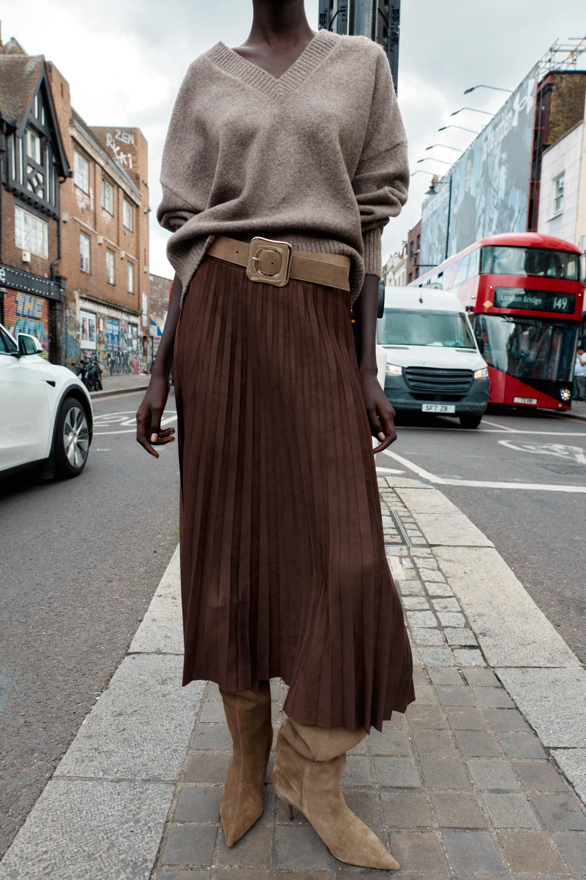 BELTED FAUX SUEDE EFFECT PLEATED MIDI SKIRT