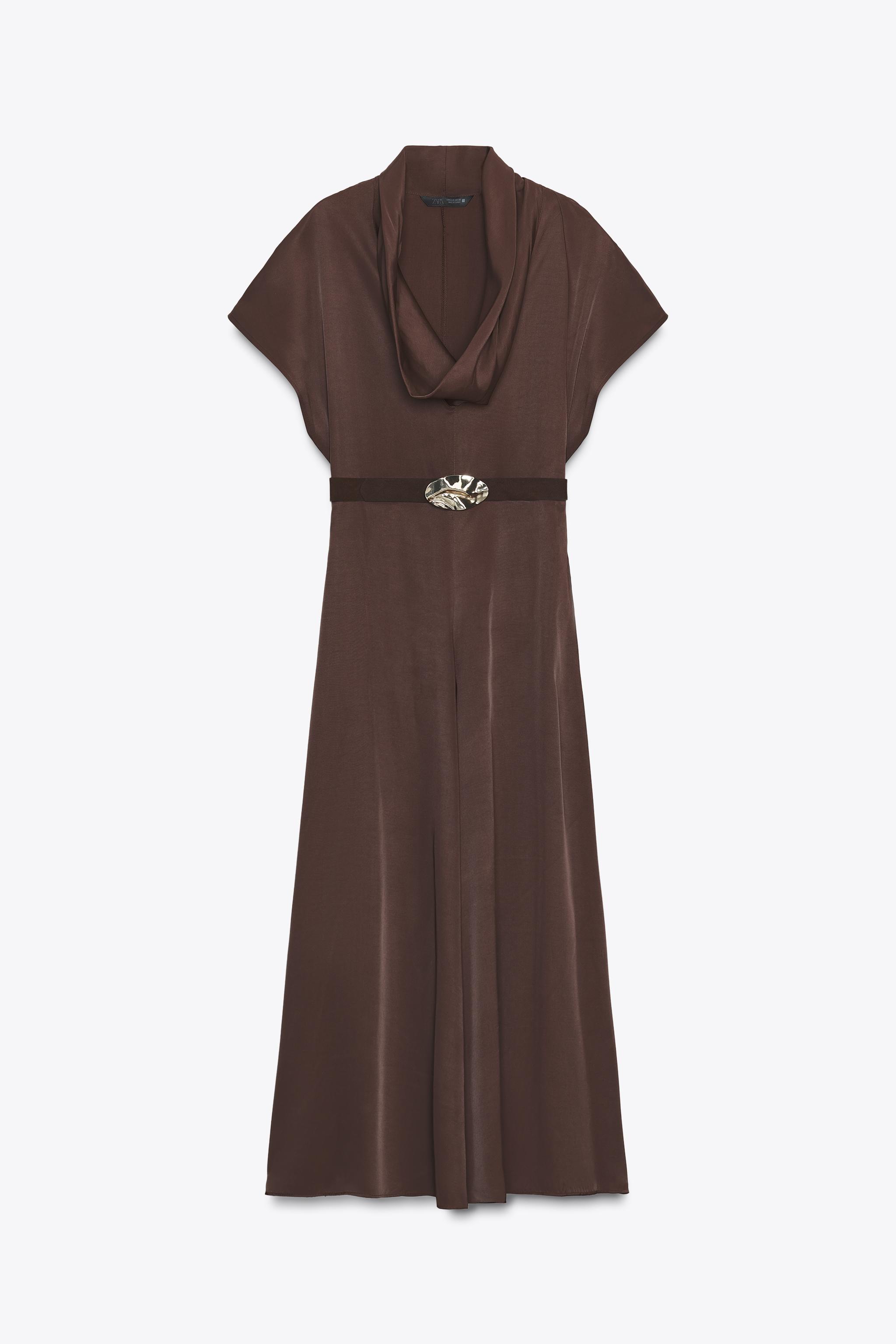 BELTED DRAPED NECK MIDI DRESS