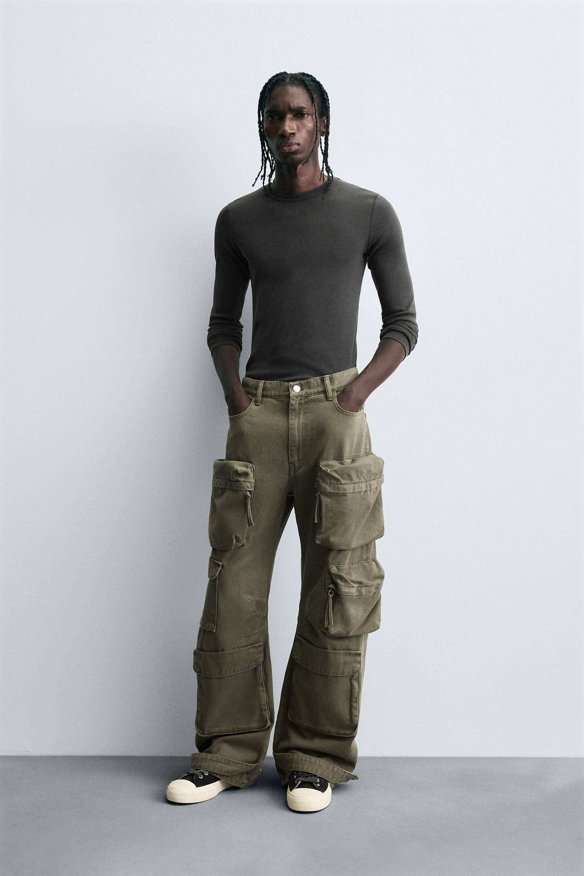 DENIM CARGO PANTS WITH POCKETS