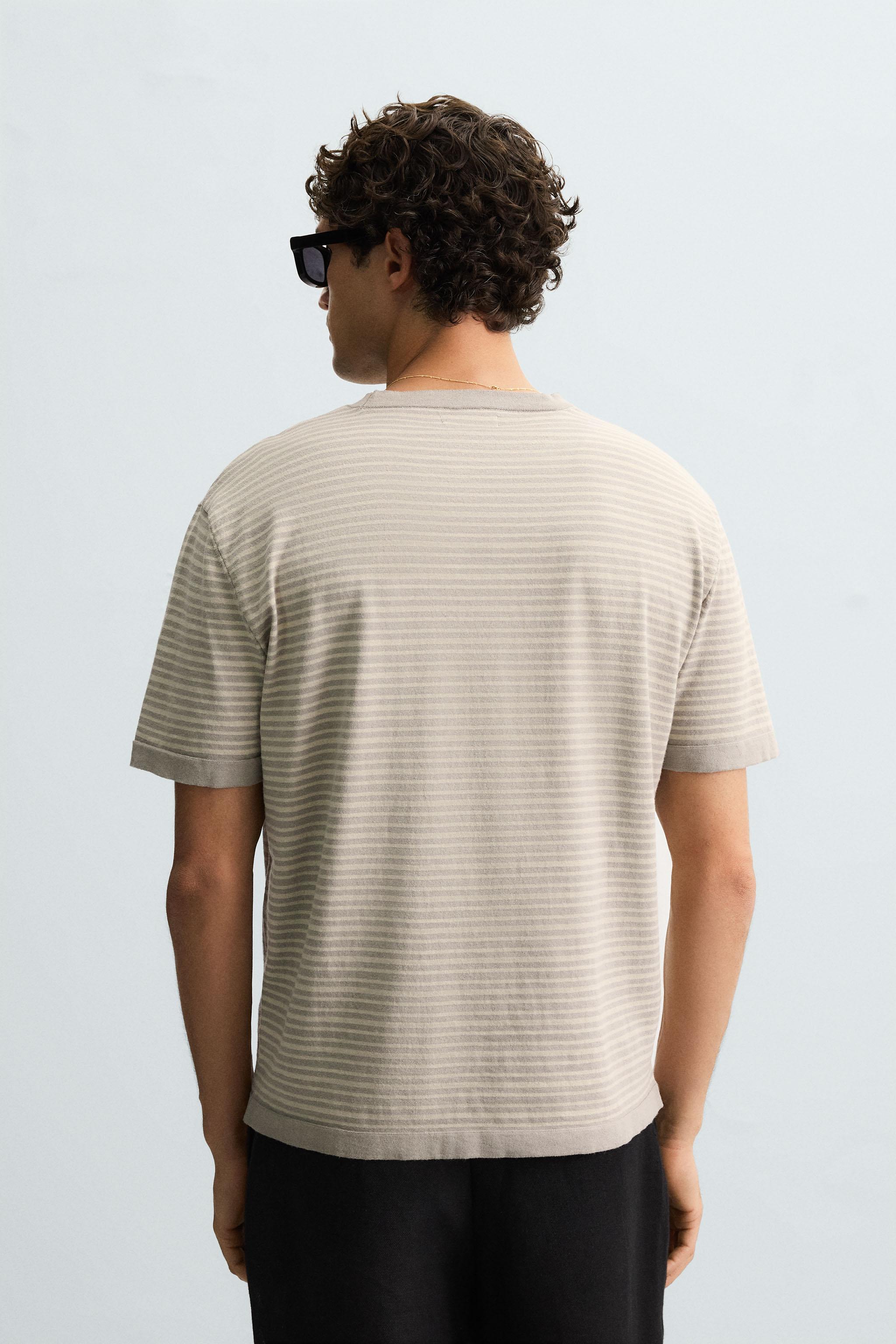 STRIPED COTTON LINEN KNIT T-SHIRT