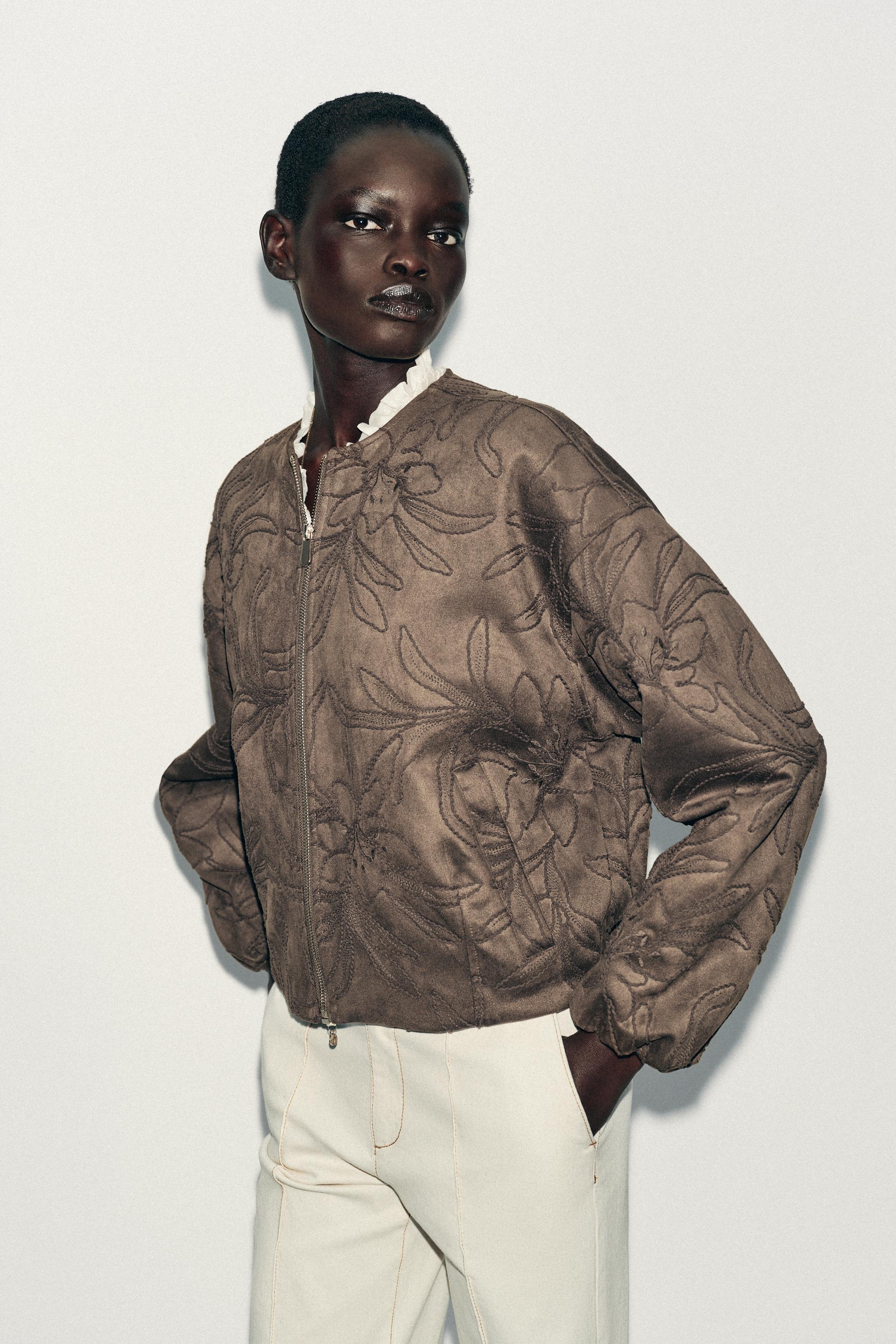 EMBROIDERED FAUX SUEDE BOMBER JACKET