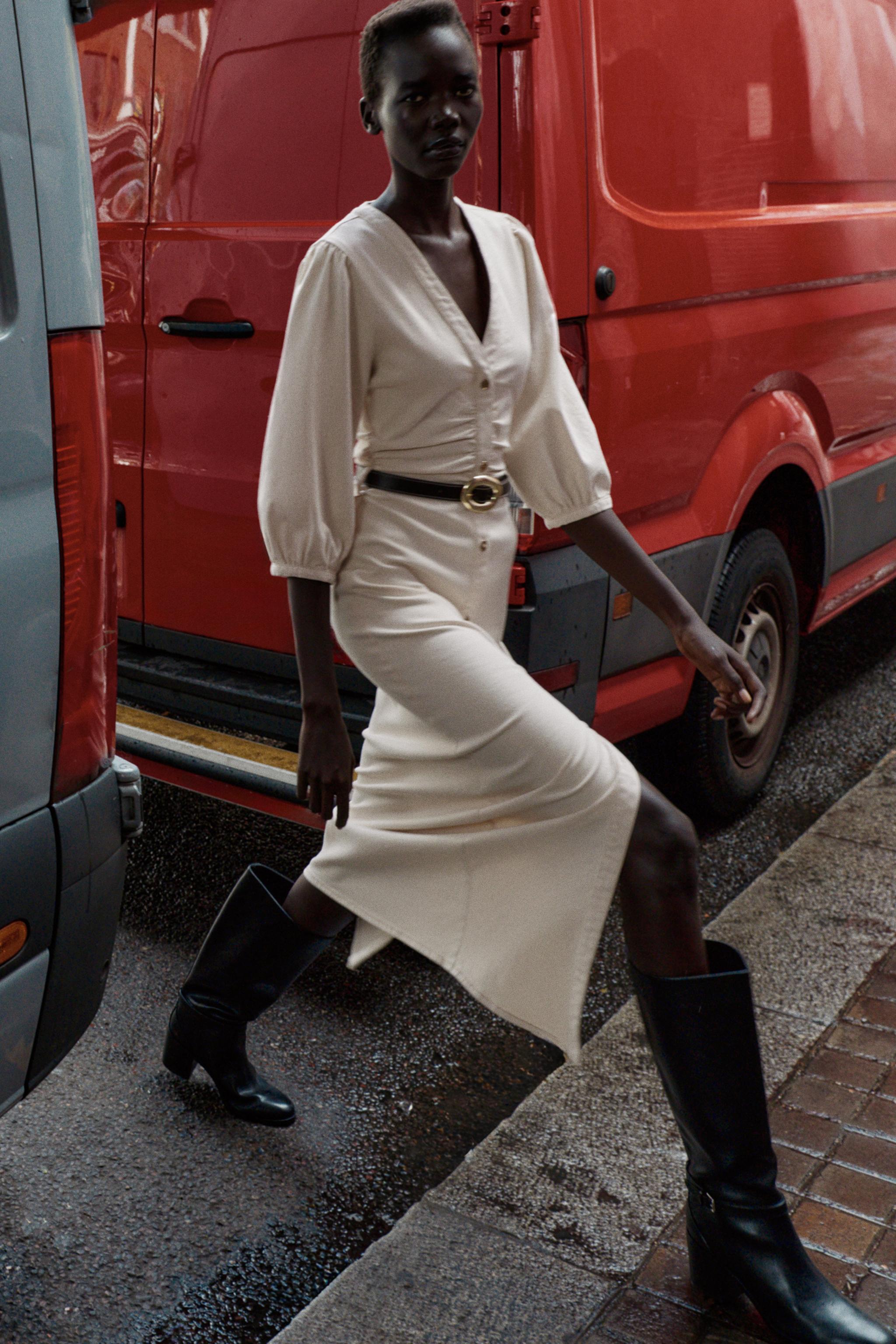 BELTED BALLOON SLEEVE MIDI DRESS