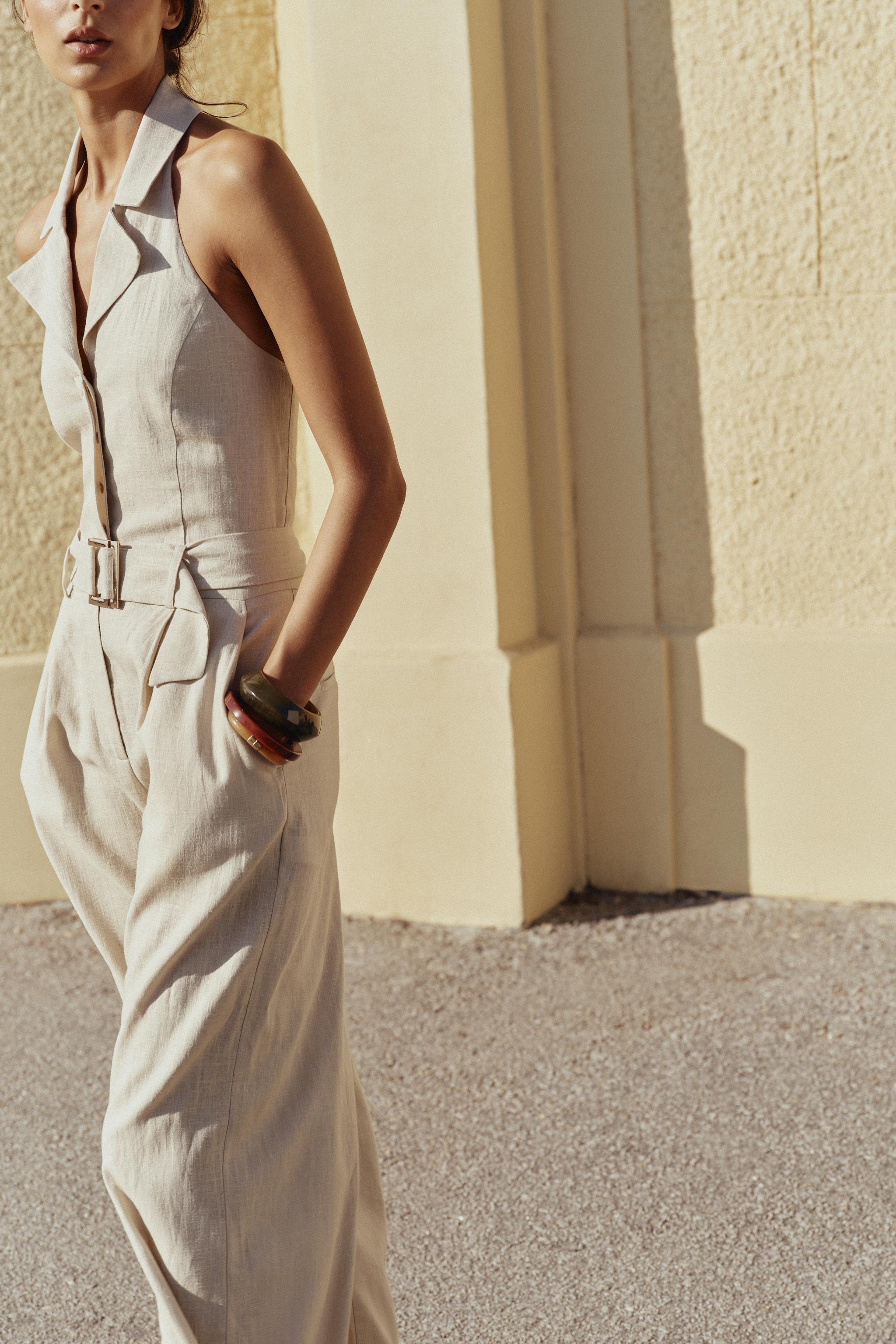 HALTER LINEN BELTED JUMPSUIT
