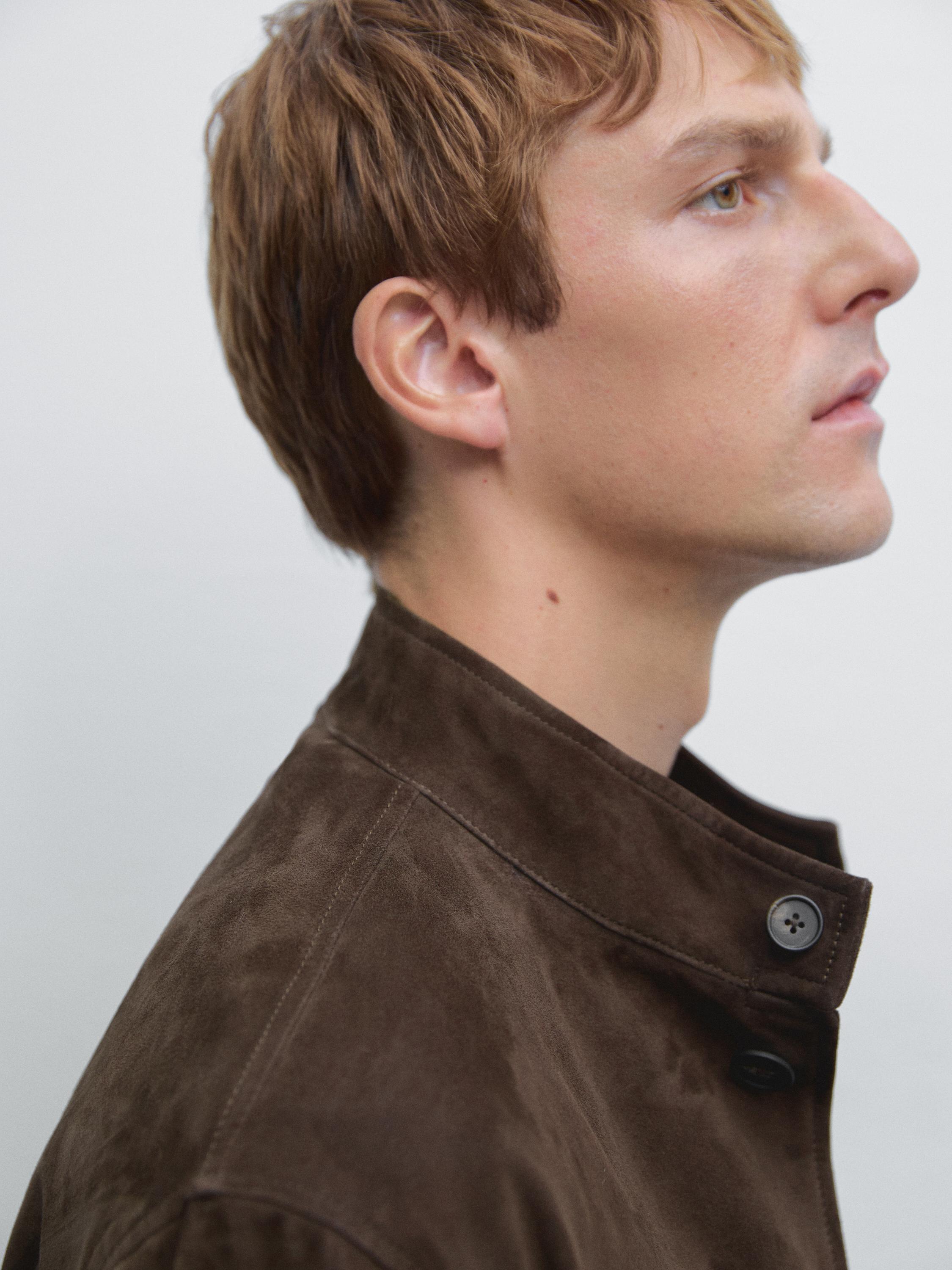 Suede leather stand collar jacket