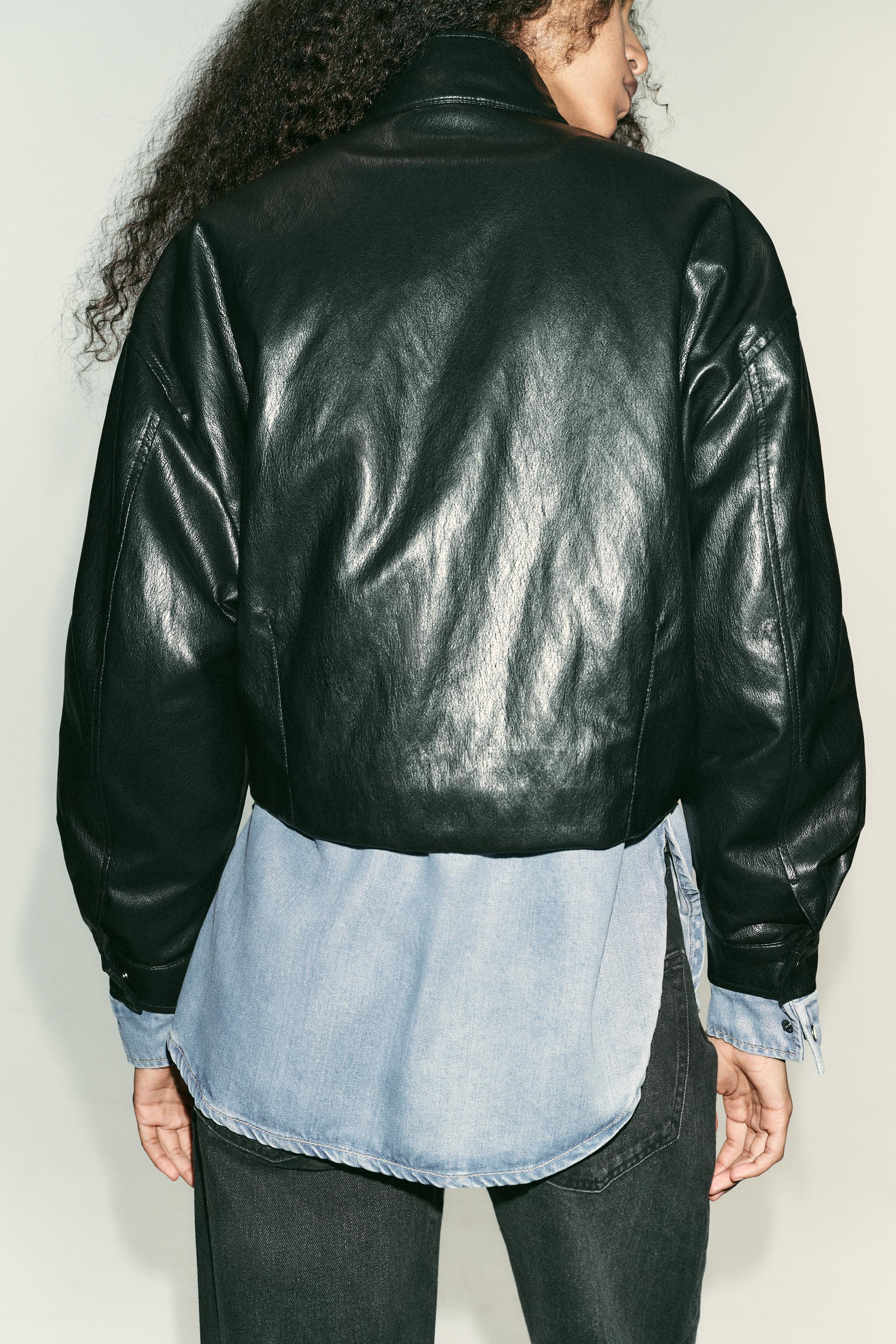 HIGH COLLAR FAUX LEATHER BOMBER JACKET