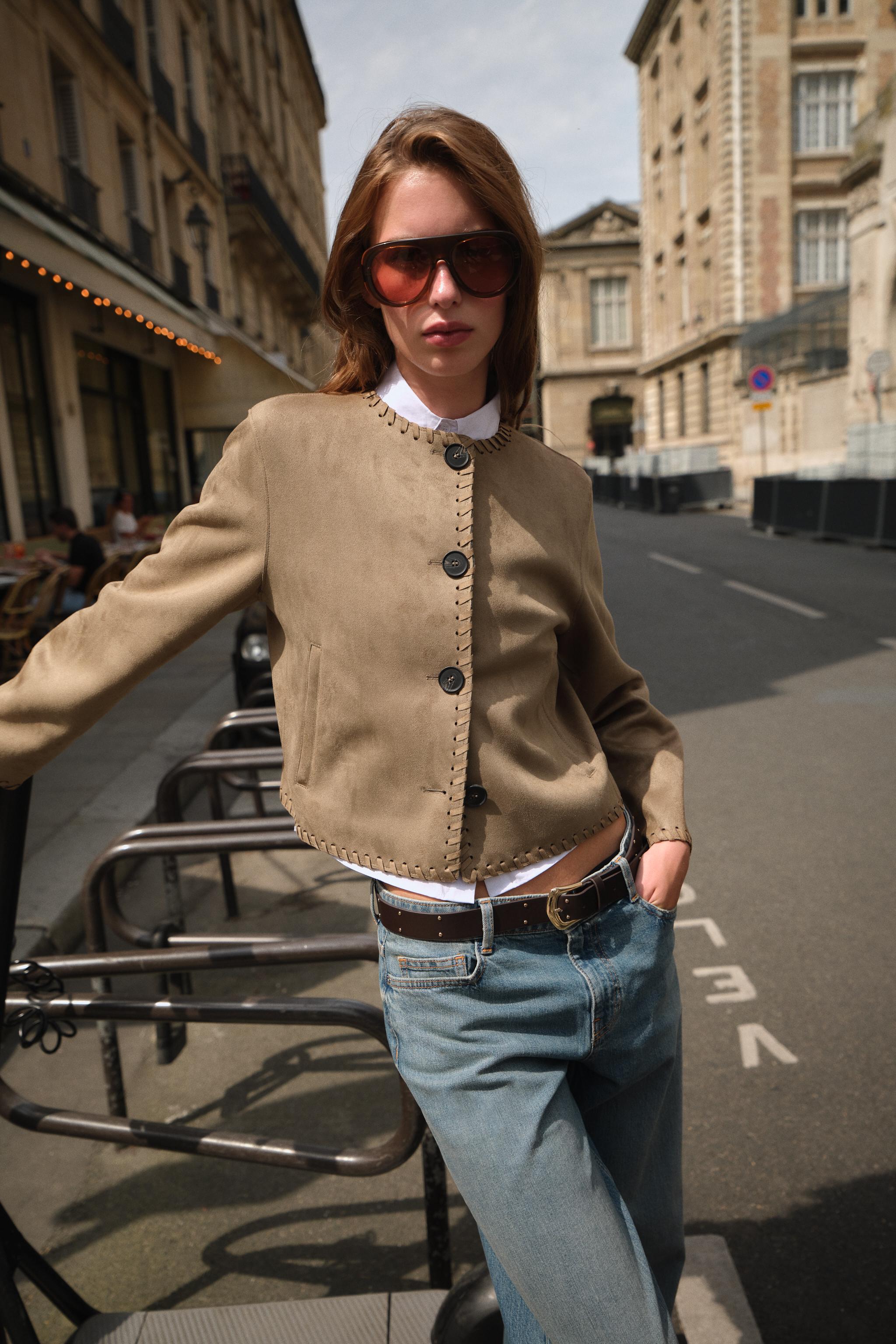 FAUX SUEDE JACKET WITH BRAIDED TRIM