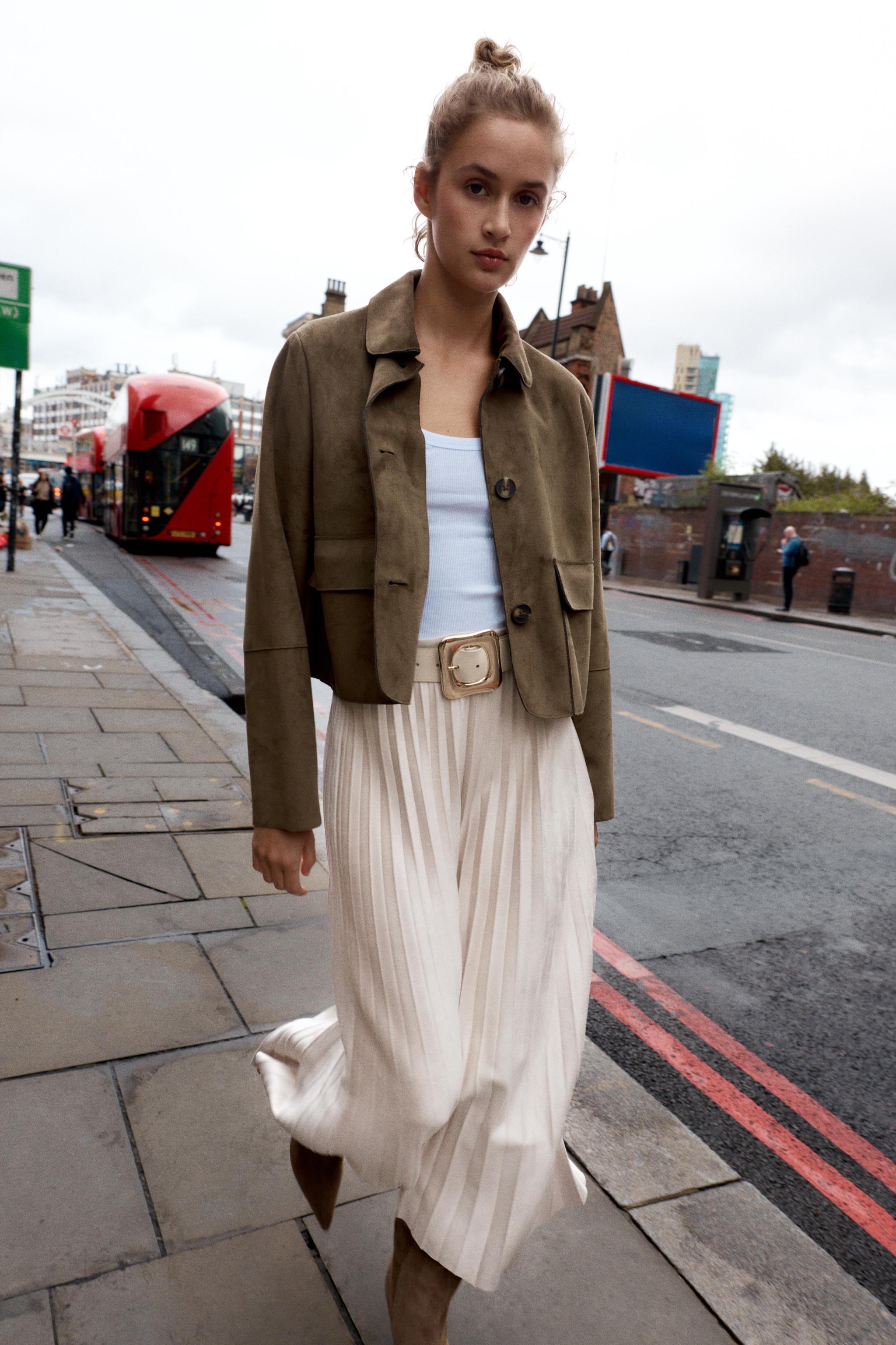 BELTED FAUX SUEDE EFFECT PLEATED MIDI SKIRT