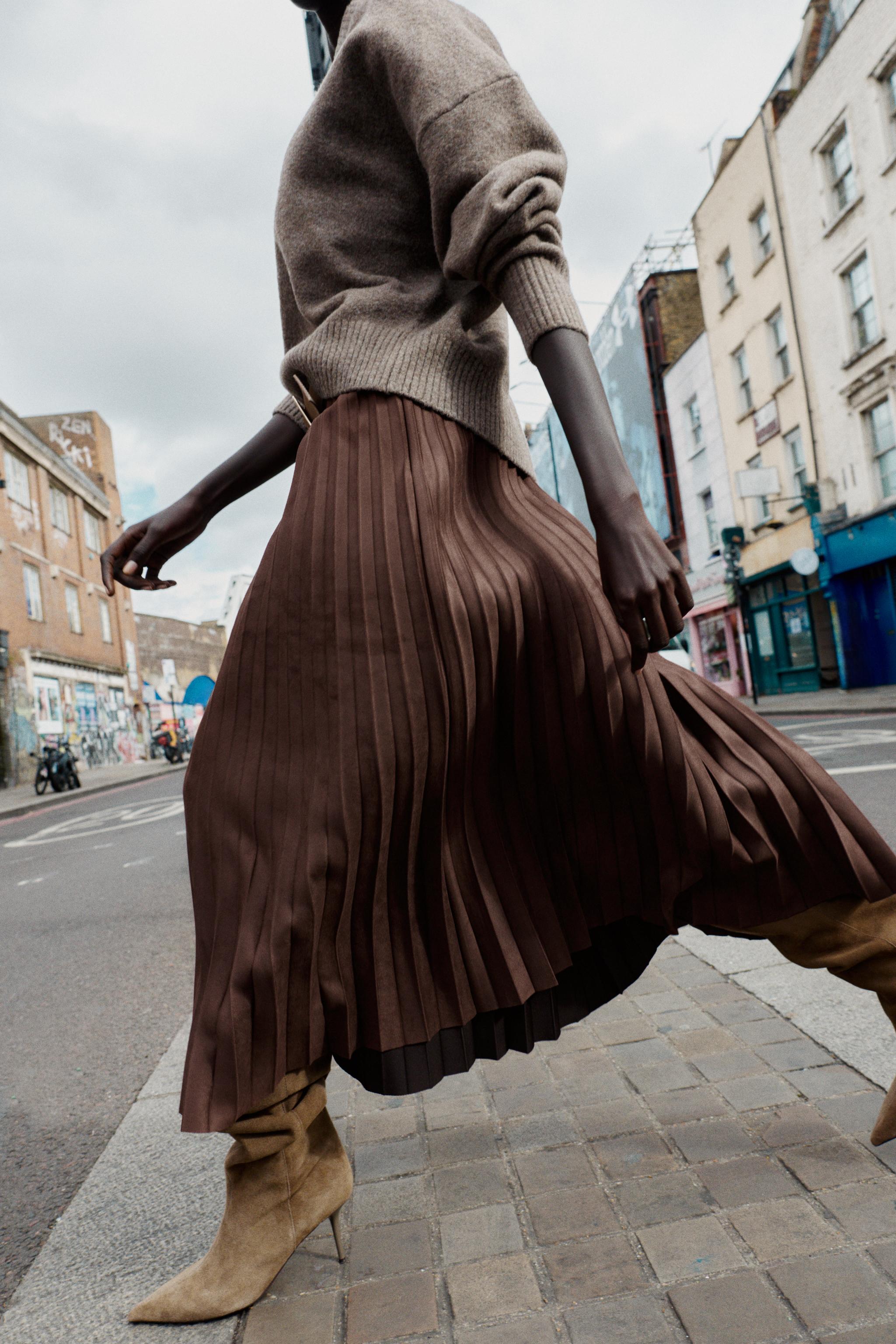 BELTED FAUX SUEDE EFFECT PLEATED MIDI SKIRT