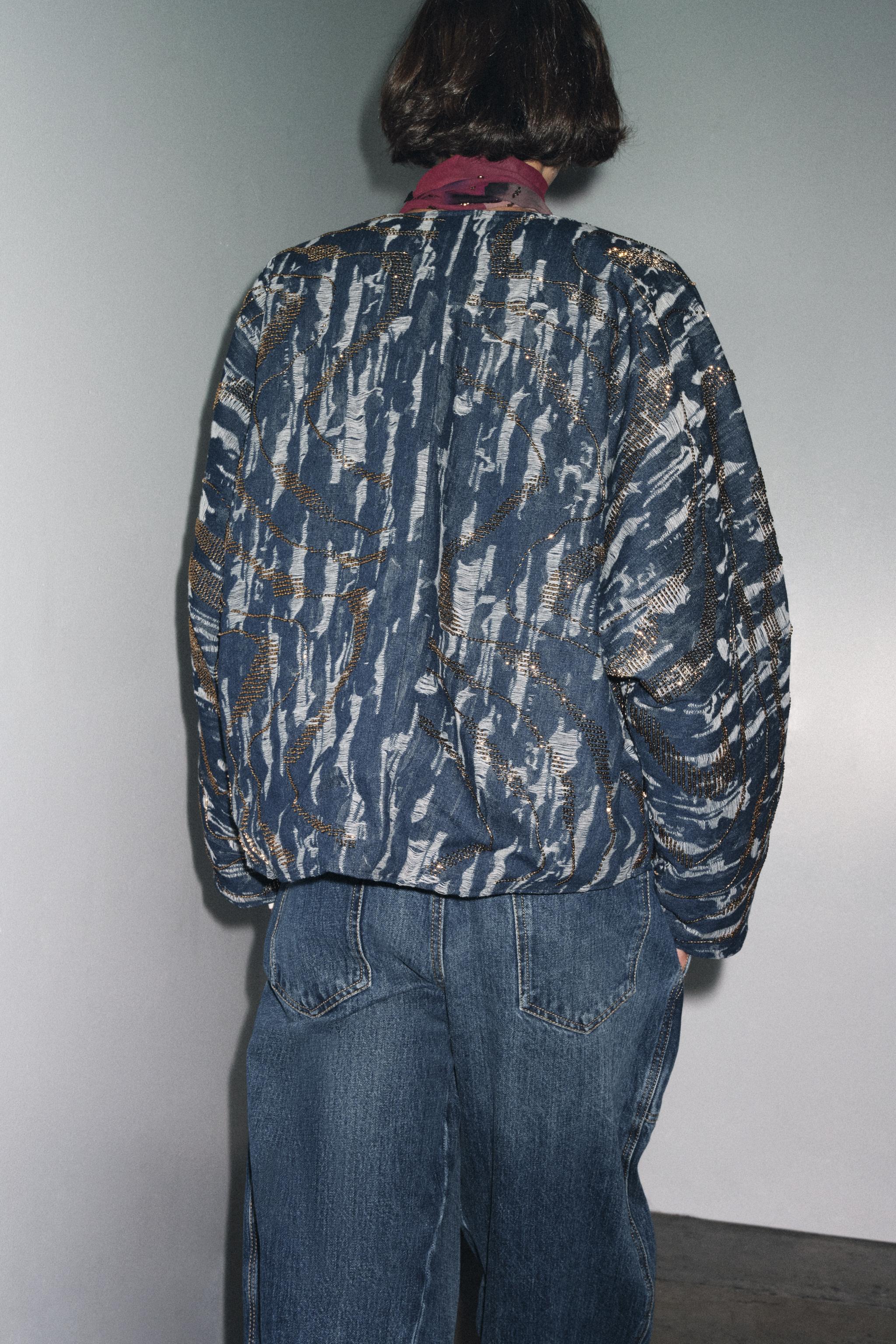 BEADED DENIM EFFECT PADDED KIMONO