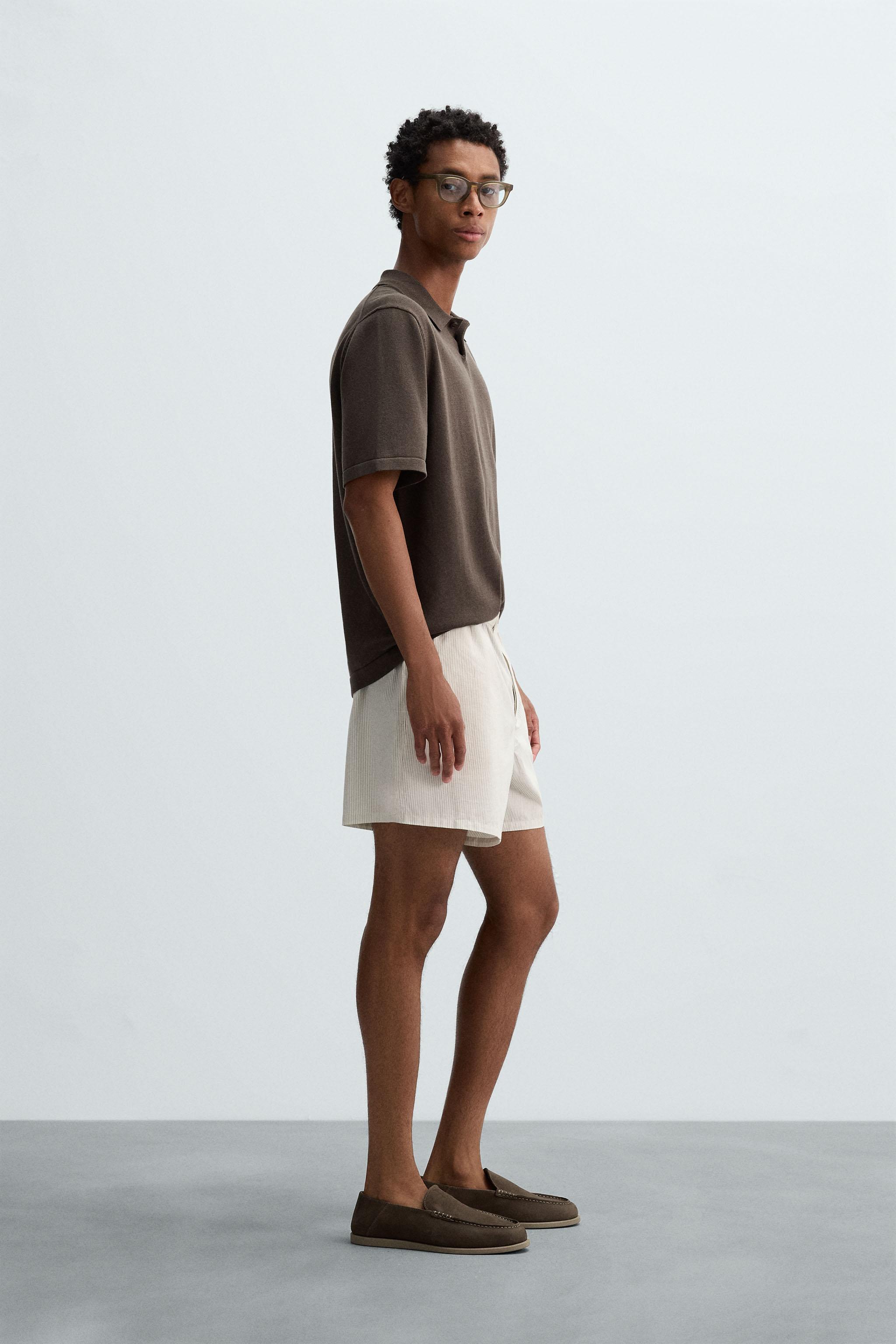 STRIPED COTTON-HEMP BERMUDA SHORTS